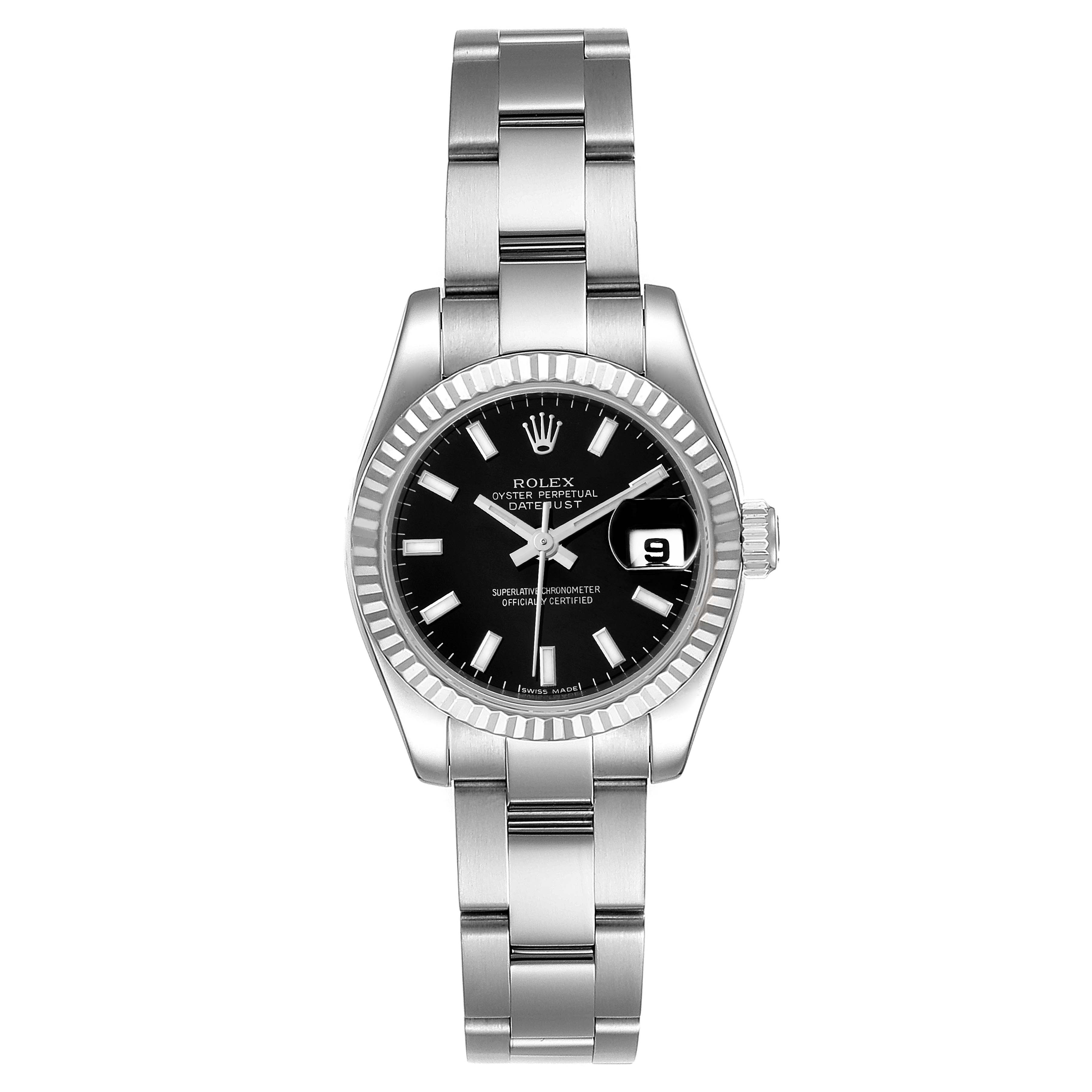 The image shows a front view of a Rolex Datejust 179174 Women's Stainless Steel Black Dial 179174 Women's Stainless Steel Black Dial watch, highlighting its bezel, dial, bracelet, and clasp.