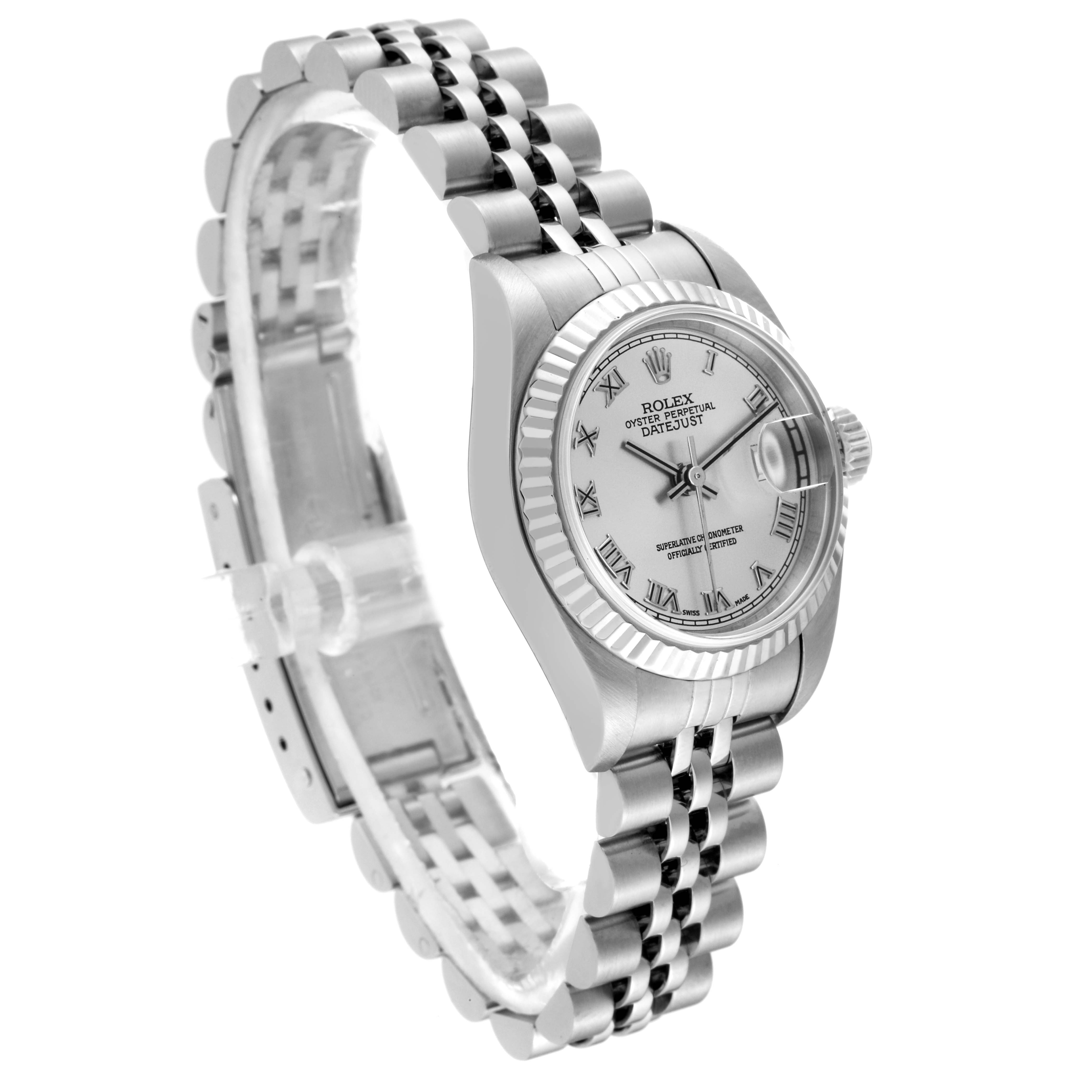 The image shows a Rolex Datejust 79174 Women's Stainless Steel Silver Dial 79174 Women's Stainless Steel Silver Dial watch at a slight angle, highlighting its dial, bezel, and jubilee bracelet.