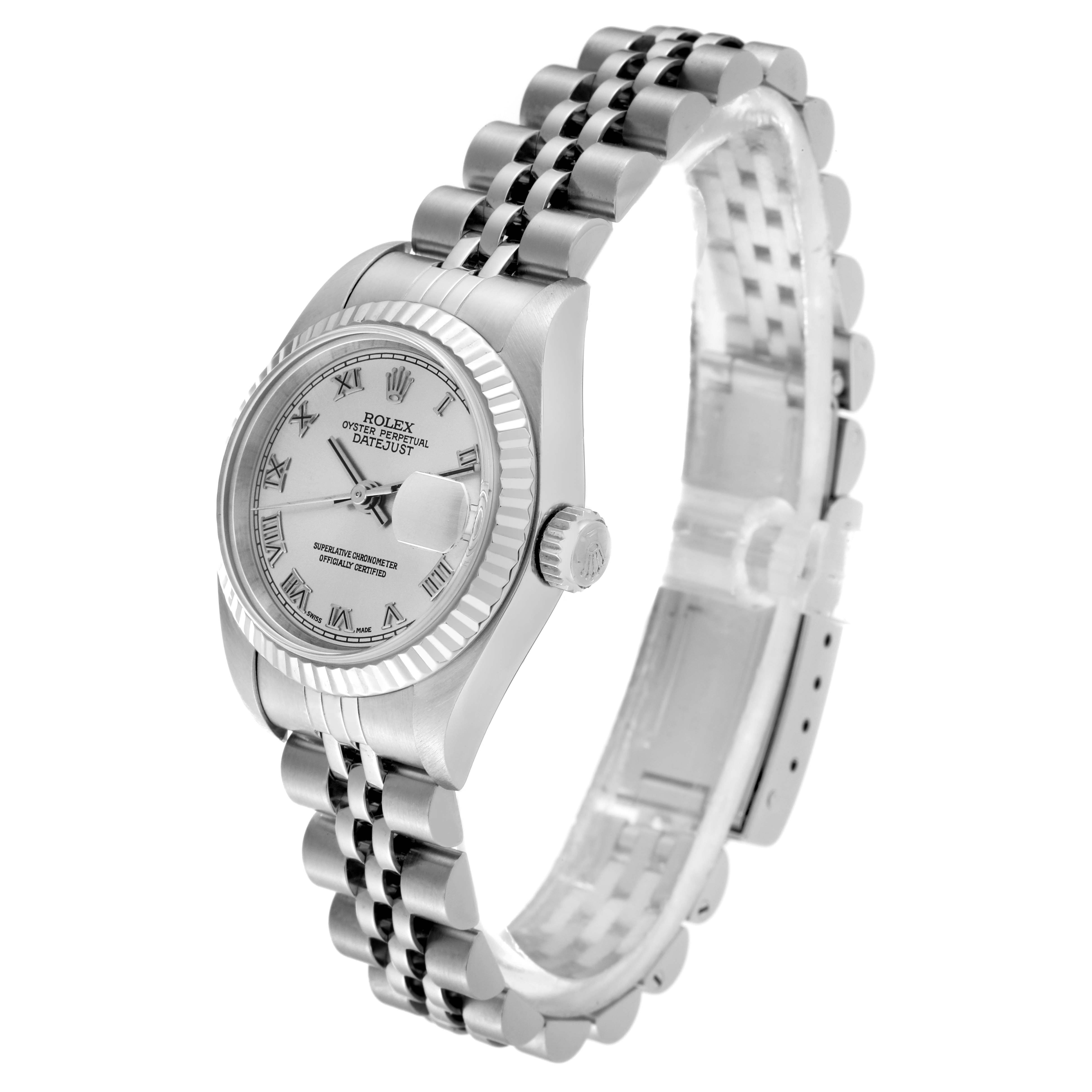 This Rolex Datejust 79174 Women's Stainless Steel Silver Dial 79174 Women's Stainless Steel Silver Dial watch is shown at a slightly tilted angle, displaying the face, crown, and bracelet.