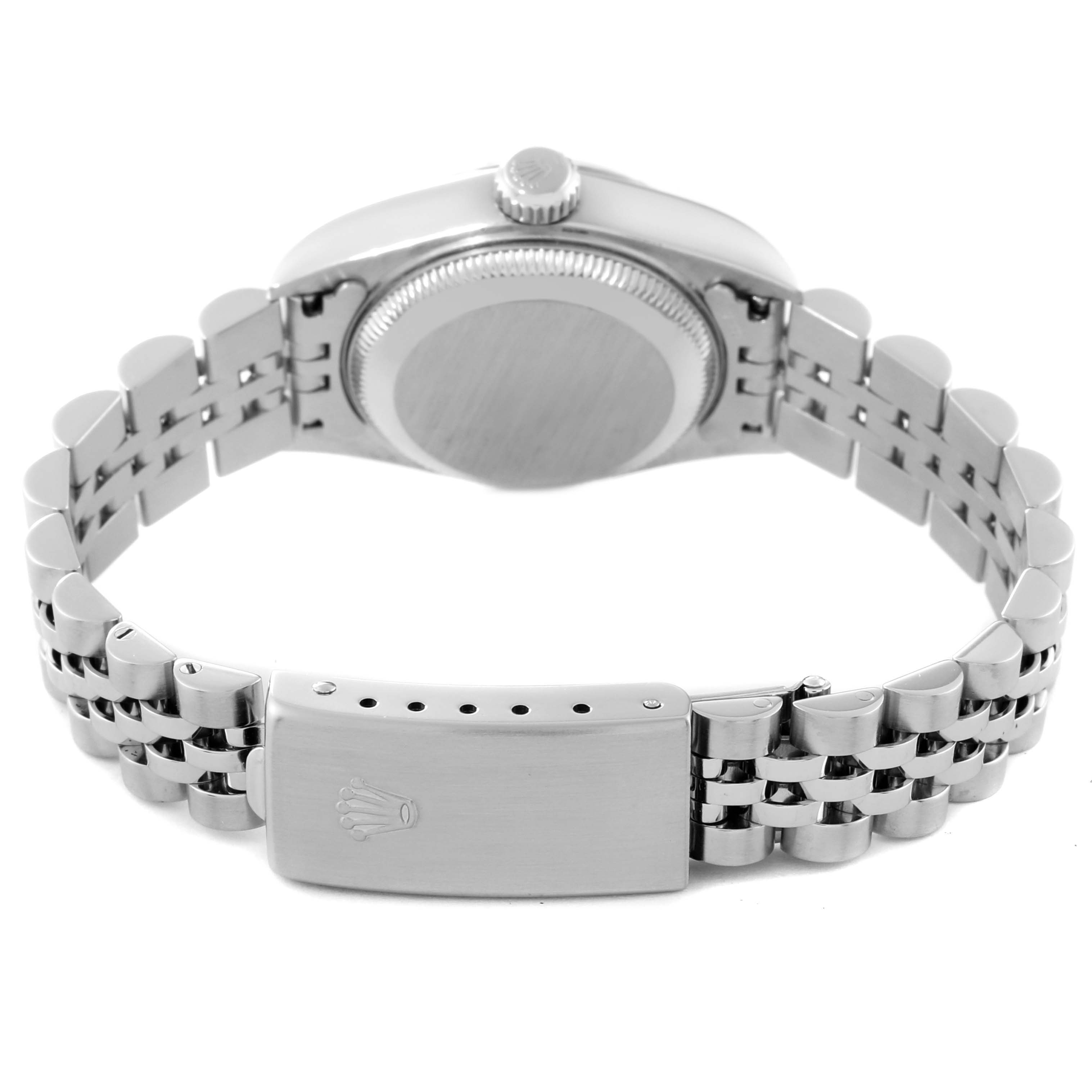The image shows the rear view of a Rolex Datejust 79174 Women's Stainless Steel Silver Dial 79174 Women's Stainless Steel Silver Dial watch, focusing on the bracelet and clasp.