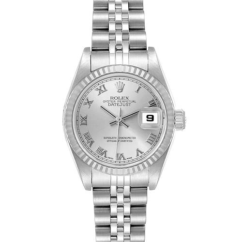 This Rolex Datejust watch is shown from a top-down angle, highlighting the face, bezel, and bracelet.