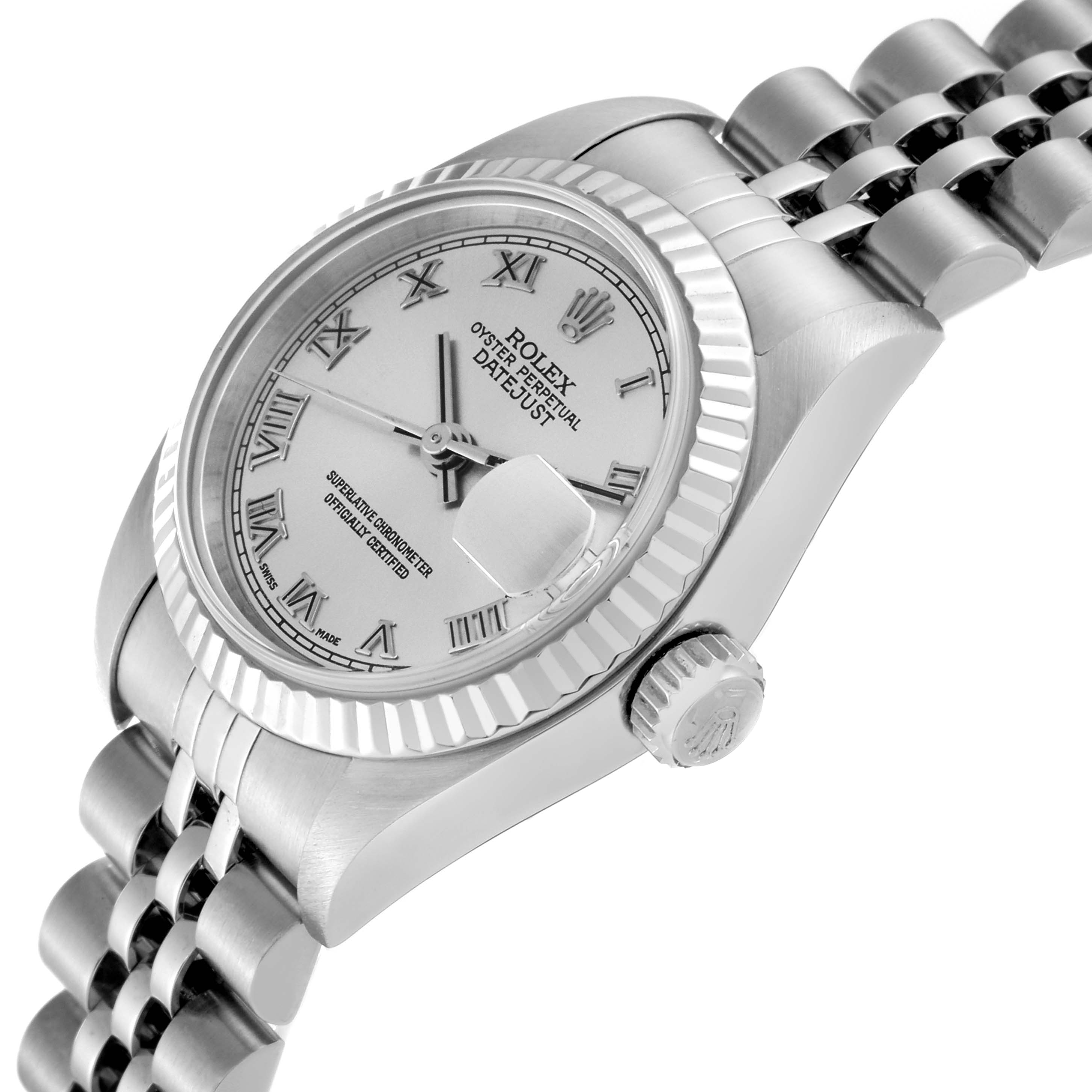 The image shows a side angle of the Rolex Datejust 79174 Women's Stainless Steel Silver Dial 79174 Women's Stainless Steel Silver Dial watch, highlighting the dial, fluted bezel, crown, and Jubilee bracelet.