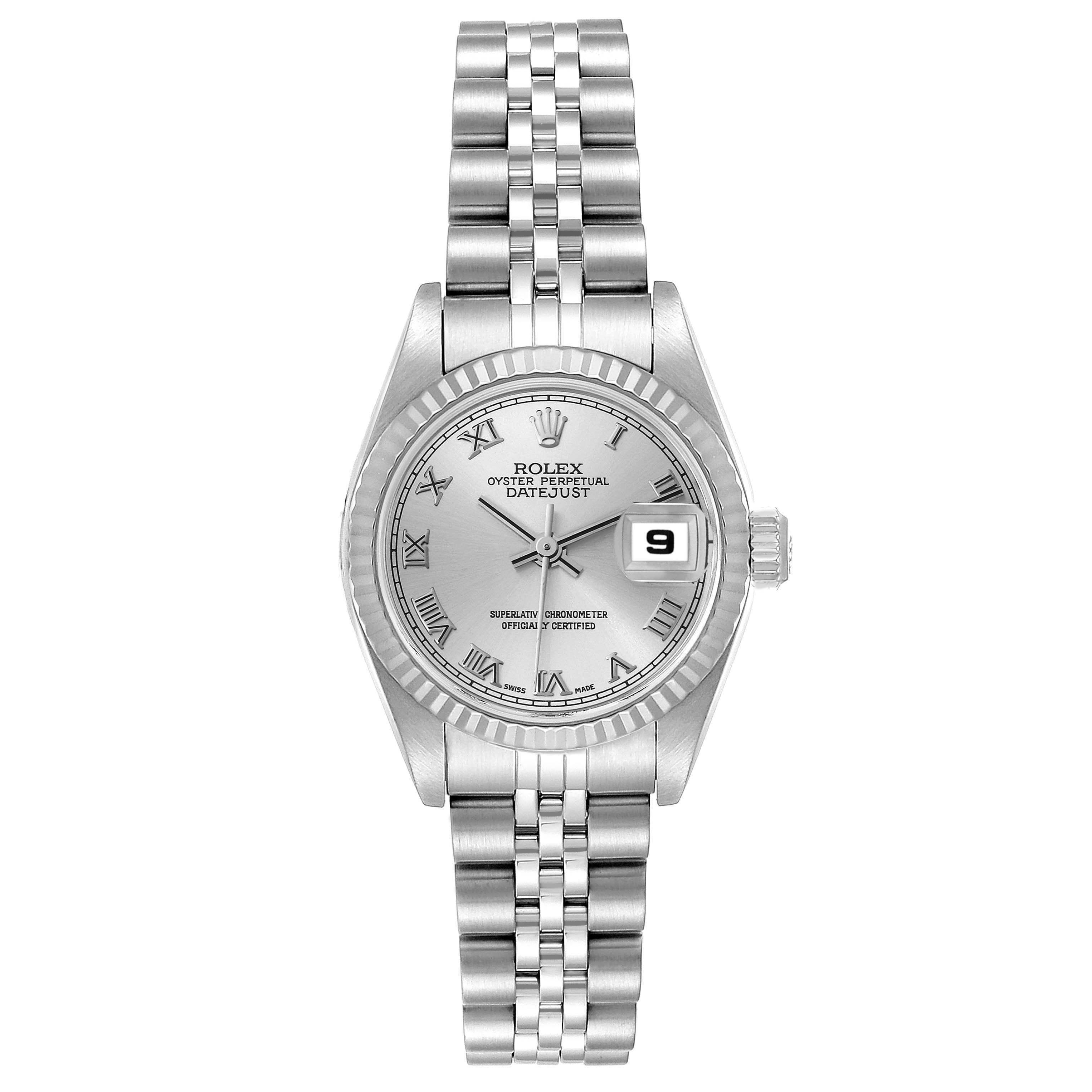 The Rolex Datejust 79174 Women's Stainless Steel Silver Dial 79174 Women's Stainless Steel Silver Dial watch is shown from the front, displaying the face, bezel, and bracelet.