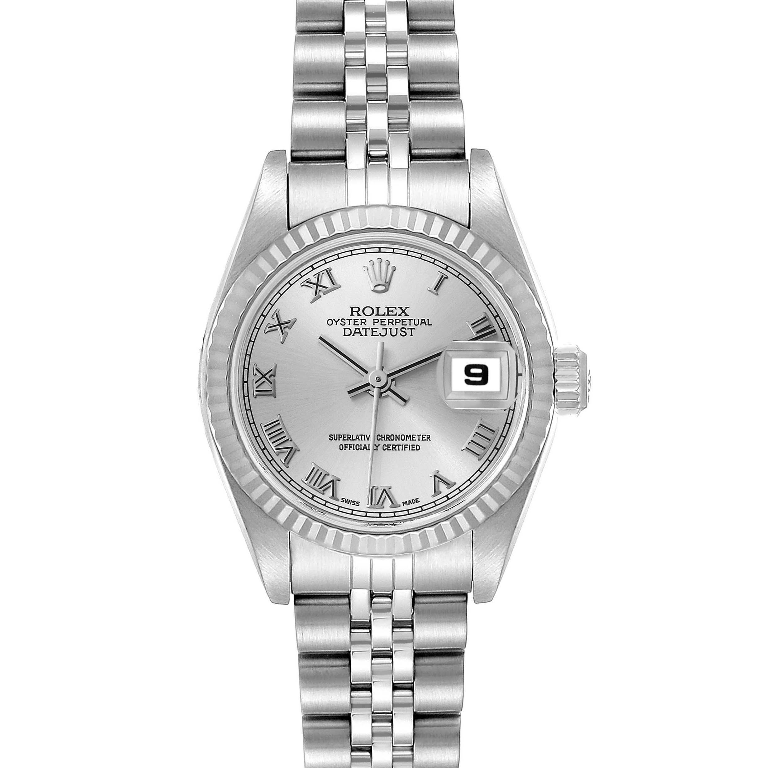 The image shows the front view of a Rolex Datejust 79174 Women's Stainless Steel Silver Dial 79174 Women's Stainless Steel Silver Dial watch, highlighting its face, bracelet, and crown.
