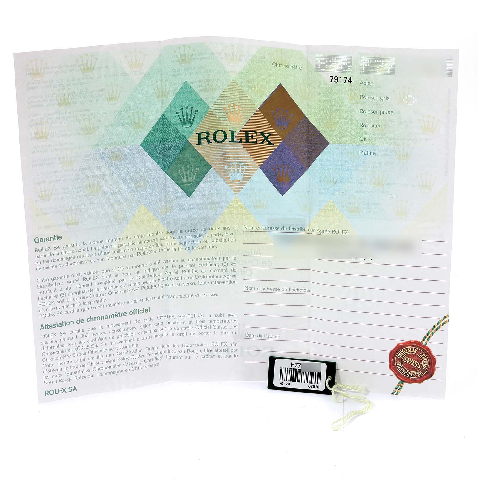 The image shows the warranty card and documentation for the Rolex Datejust 79174 Women's Stainless Steel Silver Dial 79174 Women's Stainless Steel Silver Dial watch model.