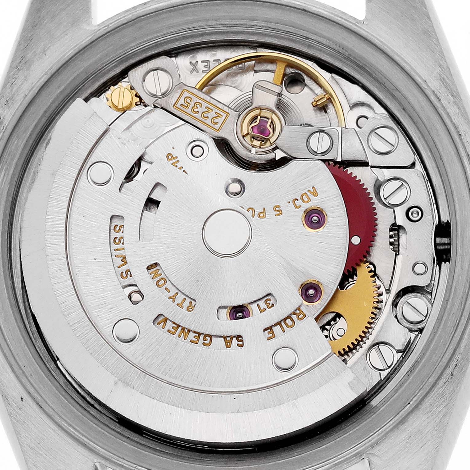 This image shows a close-up view of the movement mechanism of a Rolex Datejust 79174 Women's Stainless Steel Silver Dial 79174 Women's Stainless Steel Silver Dial watch.