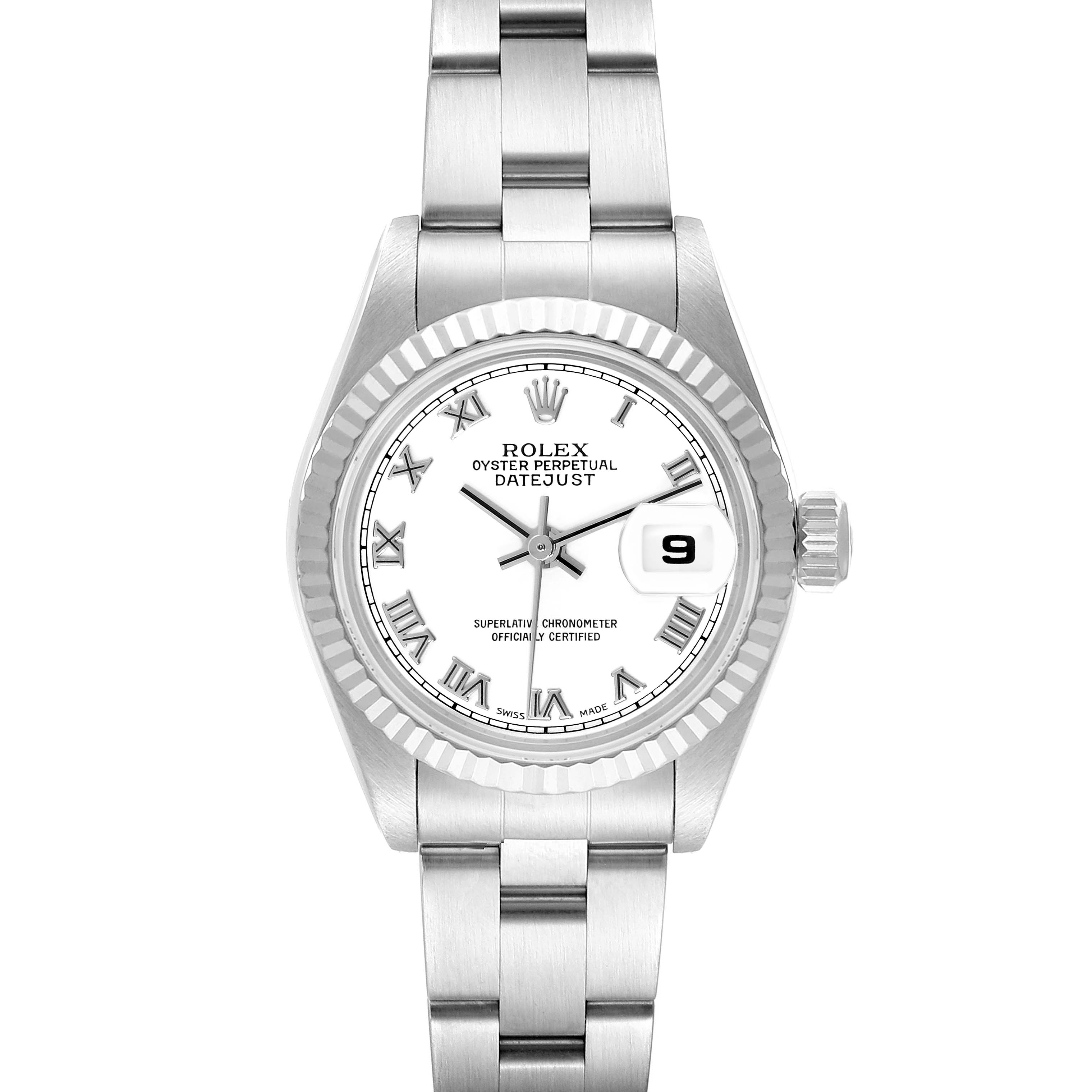 The image shows a front view of a Rolex Datejust 79174 Women's Stainless Steel White Dial 79174 Women's Stainless Steel White Dial watch, featuring its dial, bezel, bracelet, and crown.