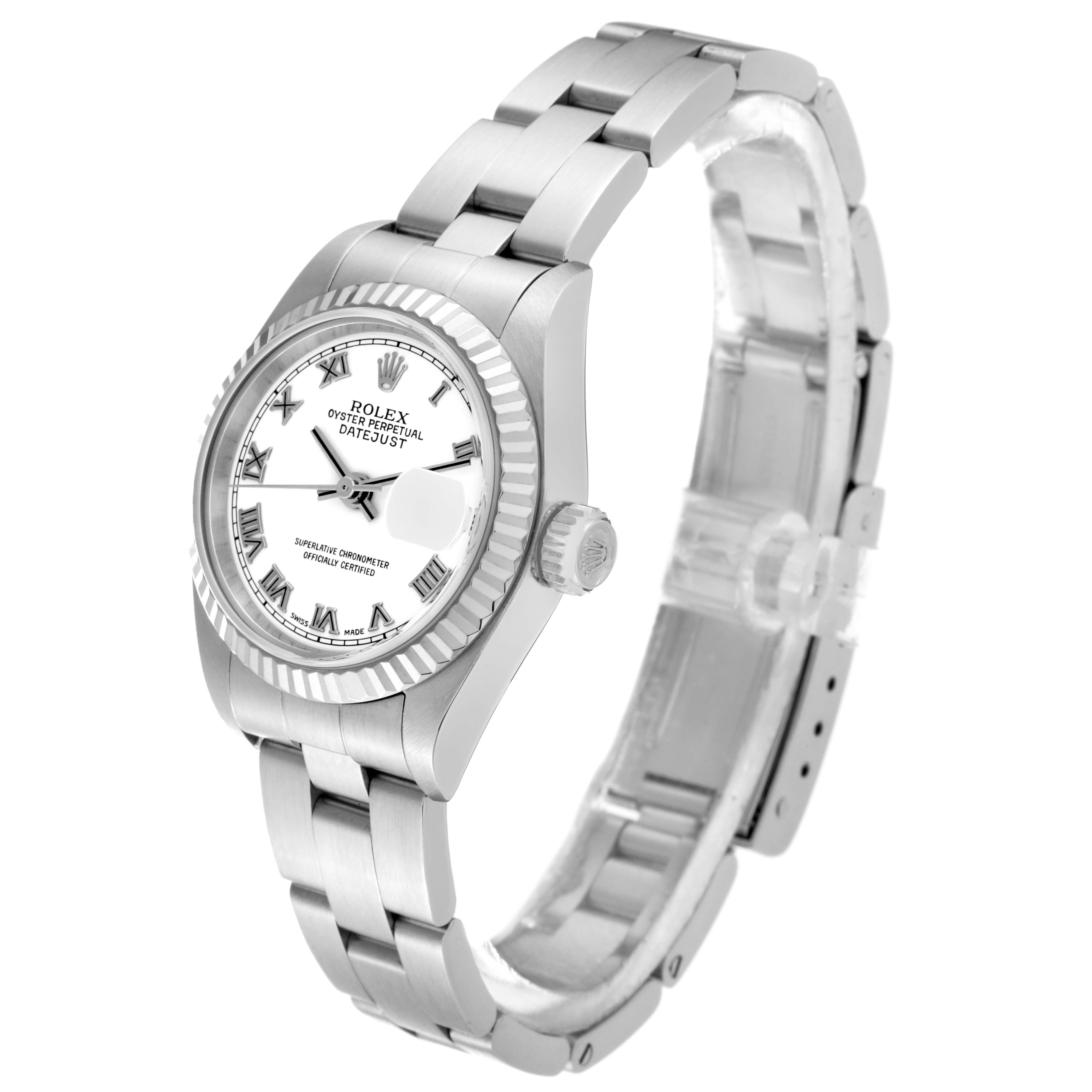 The image shows a side angle of the Rolex Datejust 79174 Women's Stainless Steel White Dial 79174 Women's Stainless Steel White Dial watch, highlighting its face, bezel, crown, and bracelet.