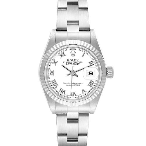 The image shows a front view of a Rolex Datejust watch, highlighting the dial, hands, bezel, bracelet, and date window.