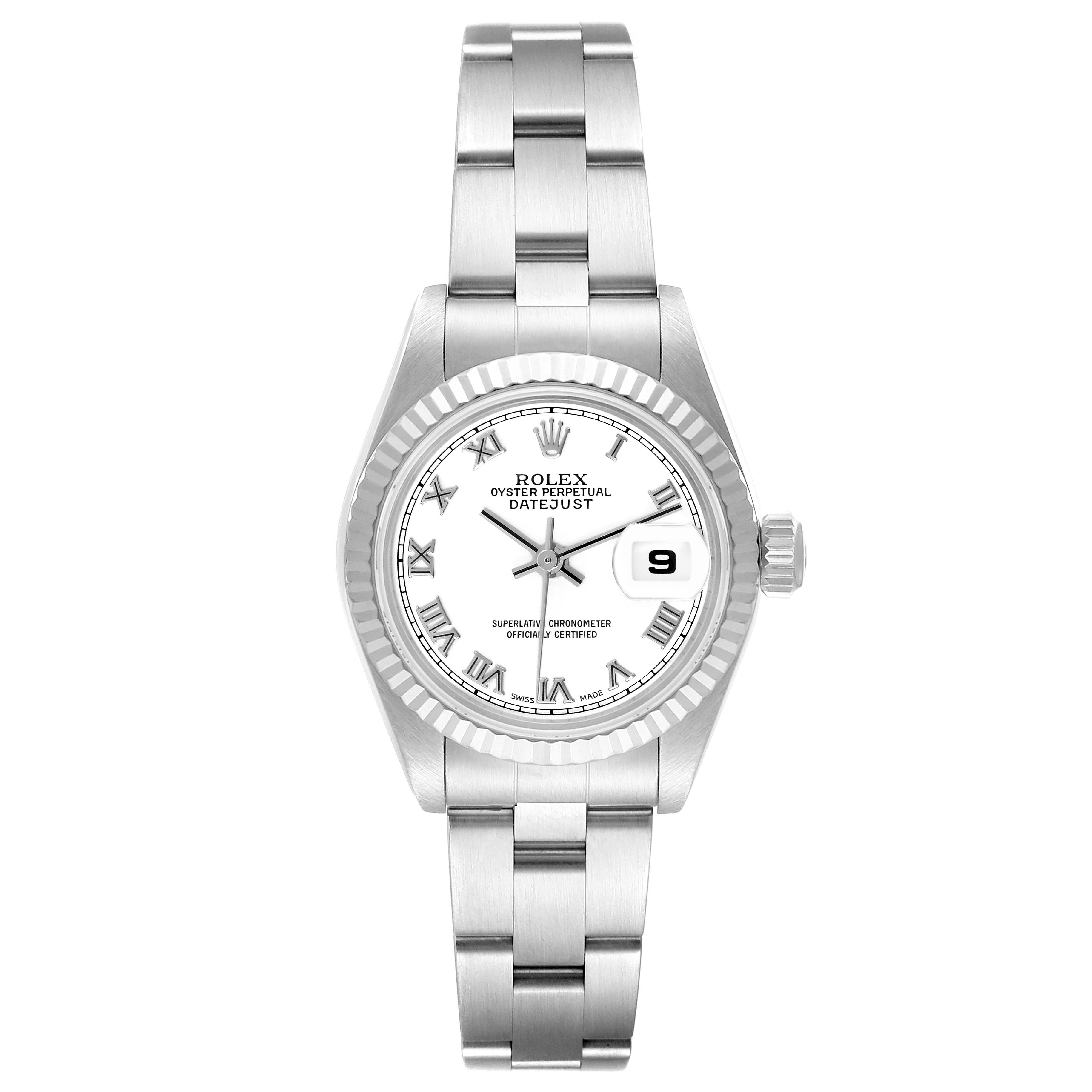 This is a frontal view of a Rolex Datejust 79174 Women's Stainless Steel White Dial 79174 Women's Stainless Steel White Dial watch, showing the dial, bezel, bracelet, and crown.