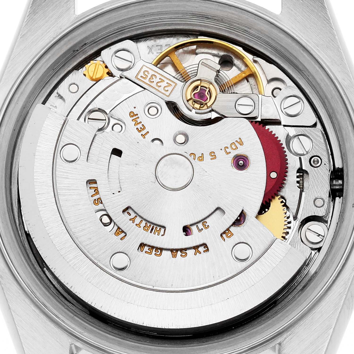 The image shows the inner mechanism (movement) of a Rolex Datejust 79174 Women's Stainless Steel White Dial 79174 Women's Stainless Steel White Dial watch from a top-down angle.