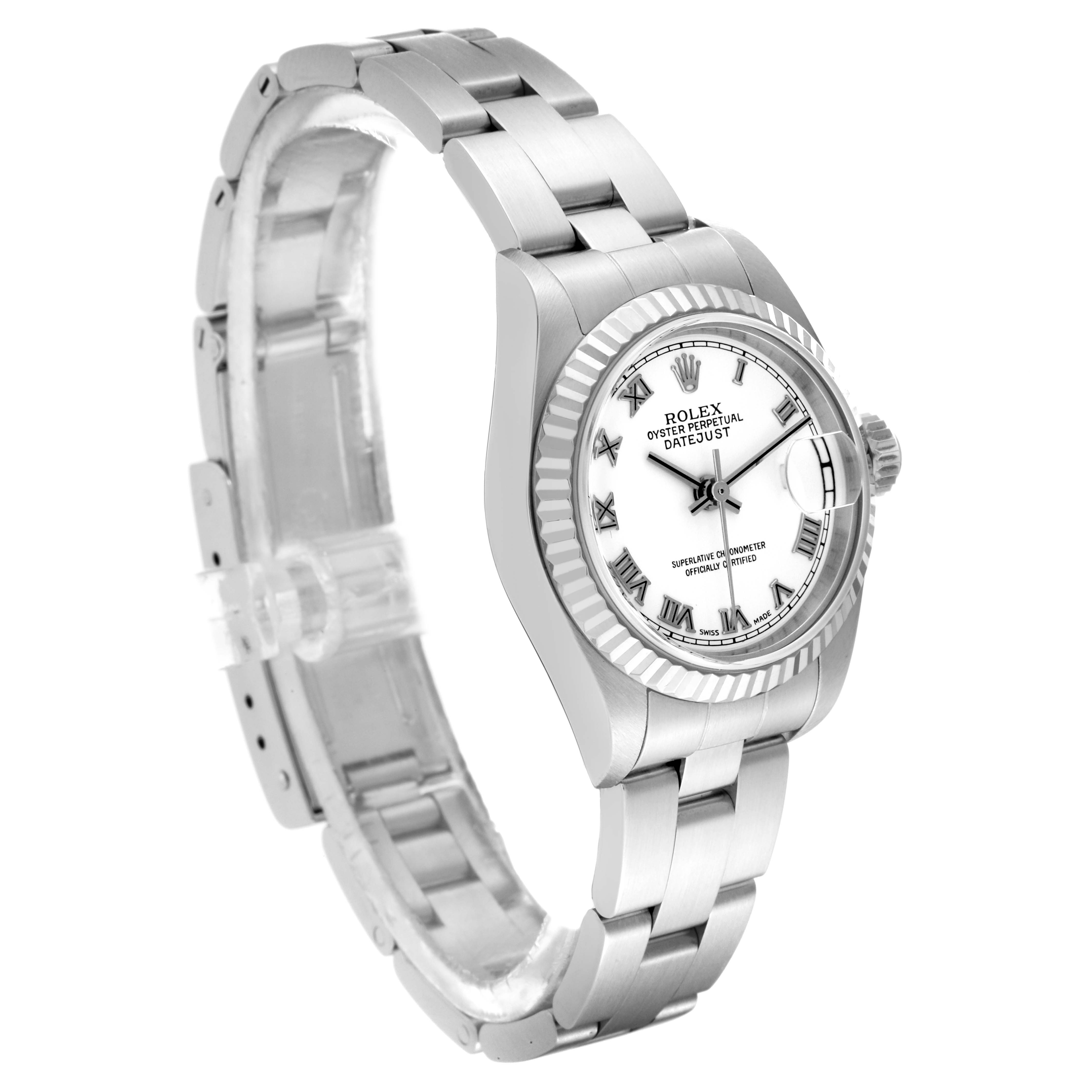 The image shows a Rolex Datejust 79174 Women's Stainless Steel White Dial 79174 Women's Stainless Steel White Dial watch from a side angle, revealing the dial, bracelet, bezel, and crown.