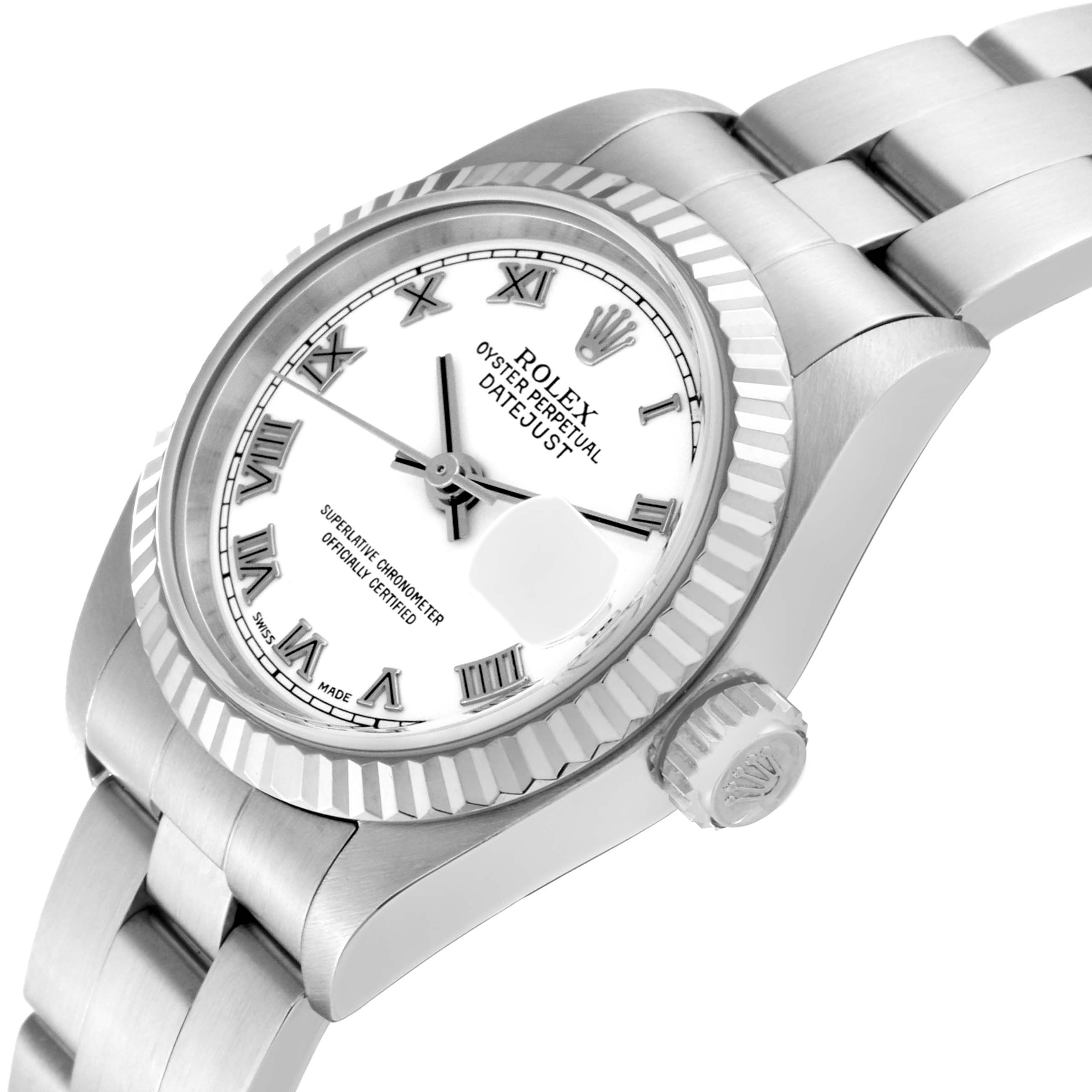 The image shows a side angle of the Rolex Datejust 79174 Women's Stainless Steel White Dial 79174 Women's Stainless Steel White Dial, highlighting the bezel, crown, dial, and part of the bracelet.