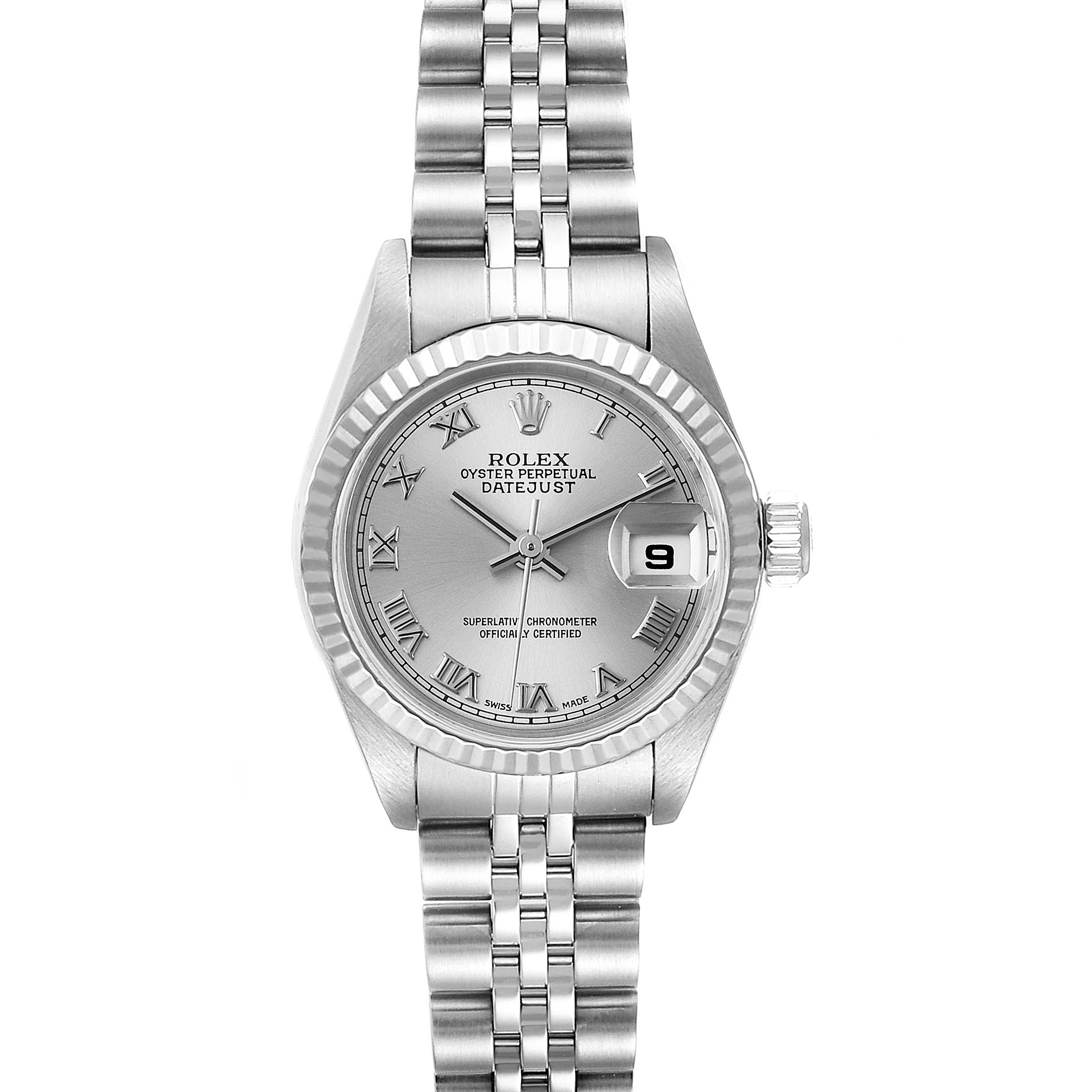 The image shows a front view of a Rolex Datejust 79174 Women
s Stainless Steel Silver Dial 79174 Women
s Stainless Steel Silver Dial watch, featuring its dial, bezel, crown, and bracelet.
