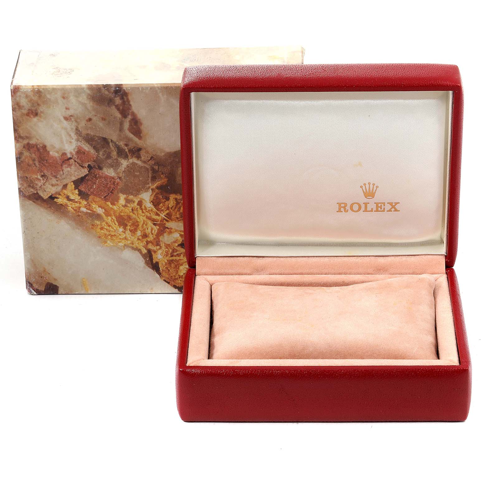 This image shows the open box and packaging for the Rolex Datejust 79174 Women
s Stainless Steel Silver Dial 79174 Women
s Stainless Steel Silver Dial watch, viewed from the front.