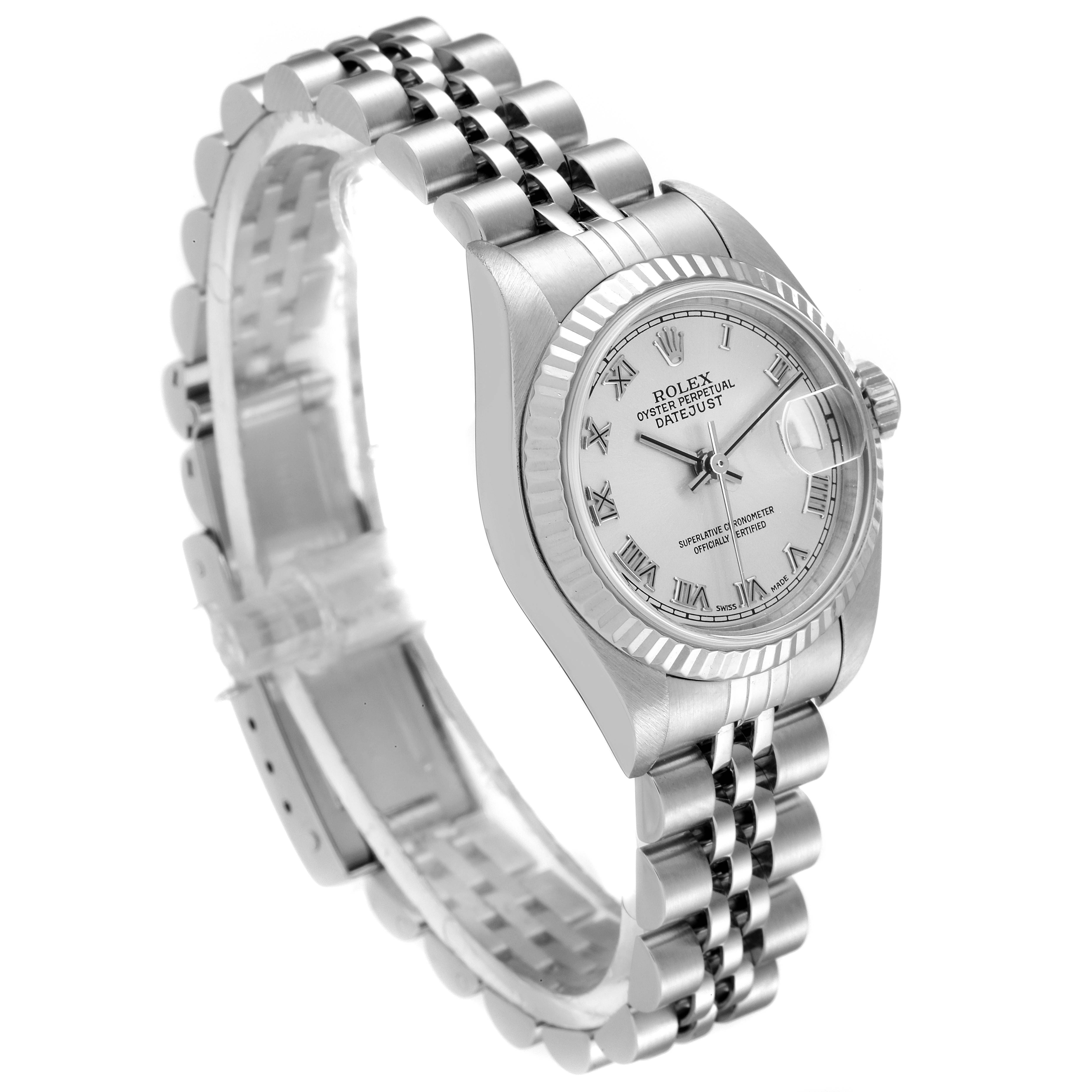 This image shows a side view of the Rolex Datejust 79174 Women
s Stainless Steel Silver Dial 79174 Women
s Stainless Steel Silver Dial watch, highlighting the dial, bezel, and bracelet.