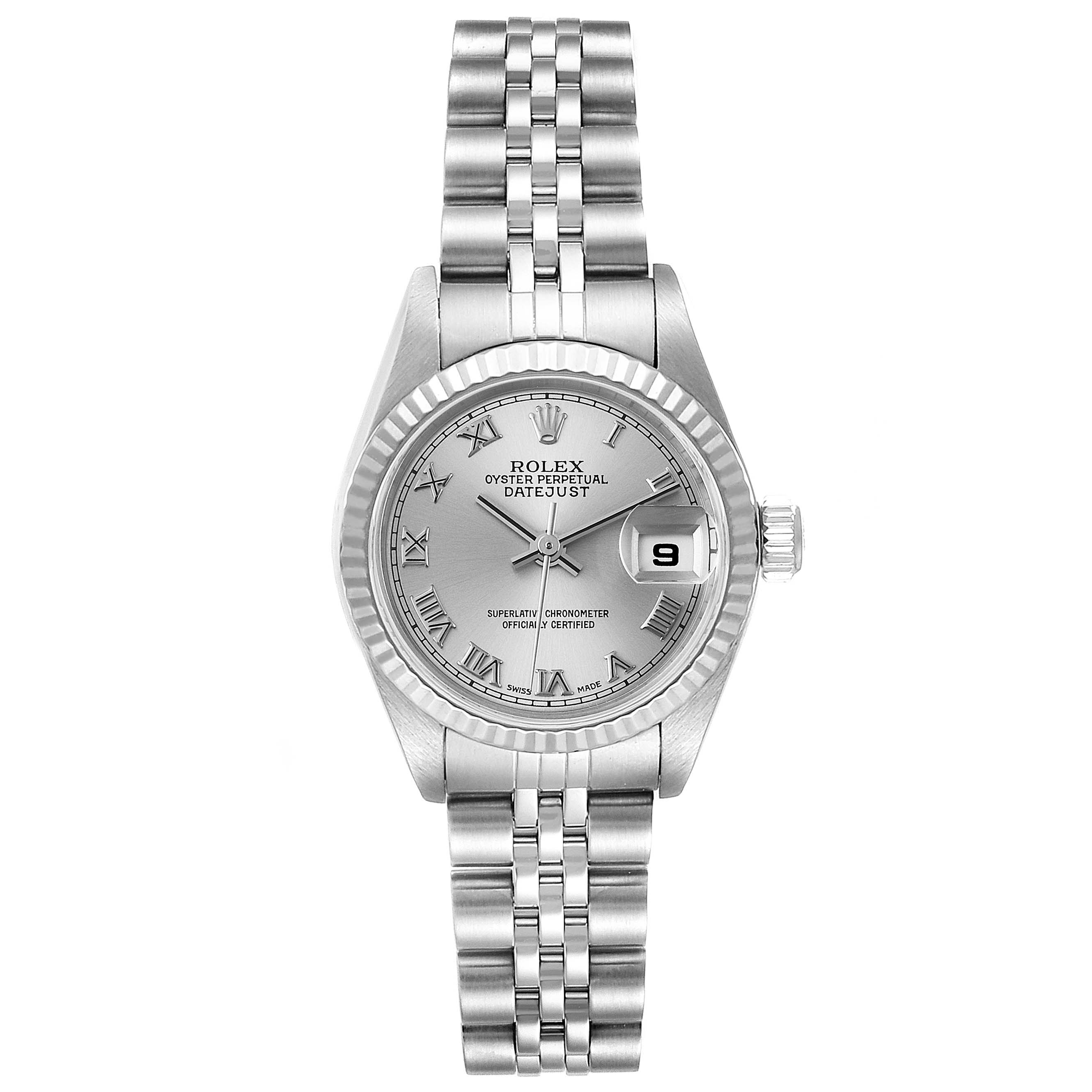 The image shows a front view of a Rolex Datejust 79174 Women
s Stainless Steel Silver Dial 79174 Women
s Stainless Steel Silver Dial watch, displaying the dial, date window, and bracelet.