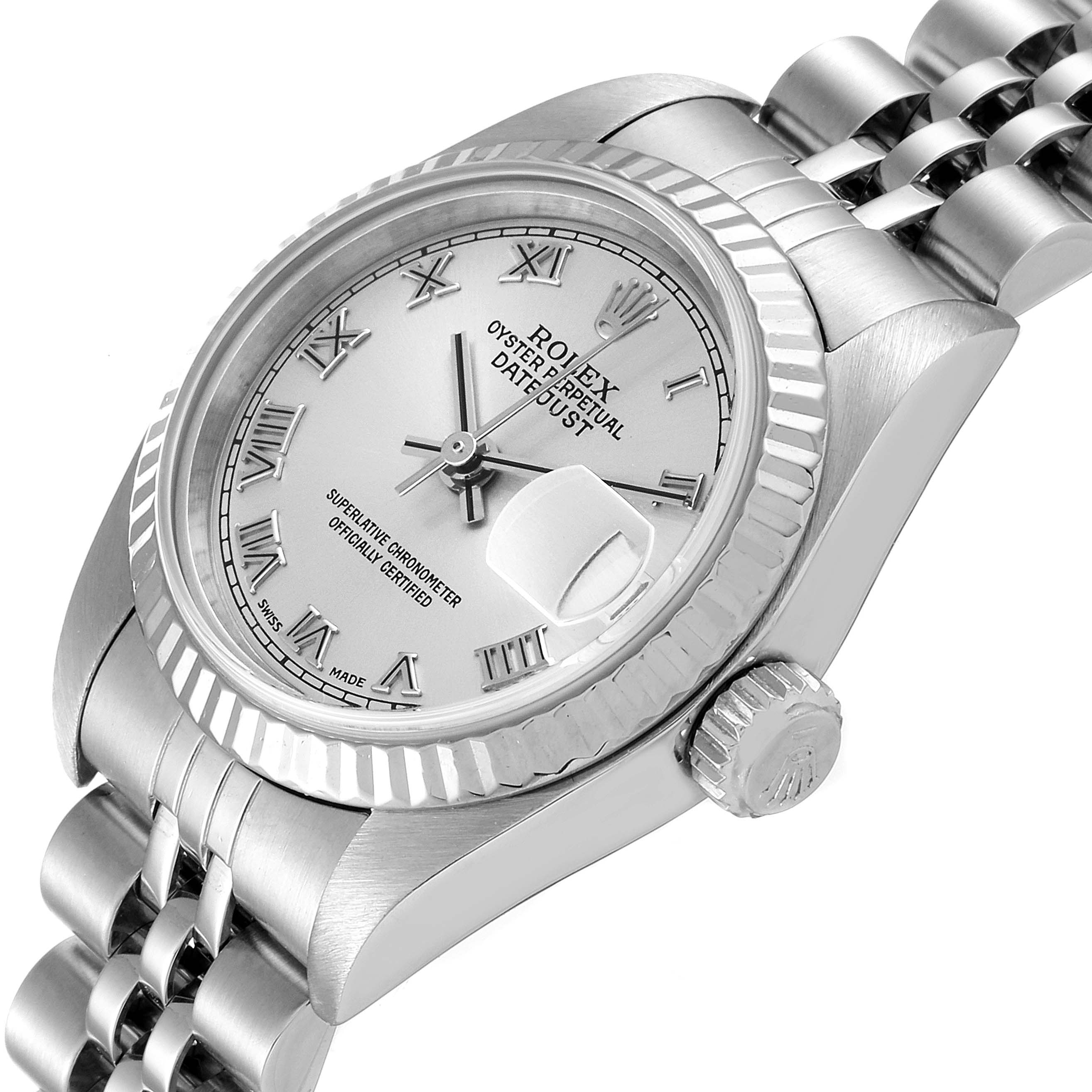 This image shows a close-up at an angle of the watch face, bezel, crown, and part of the bracelet of the Rolex Datejust 79174 Women
s Stainless Steel Silver Dial 79174 Women
s Stainless Steel Silver Dial model.