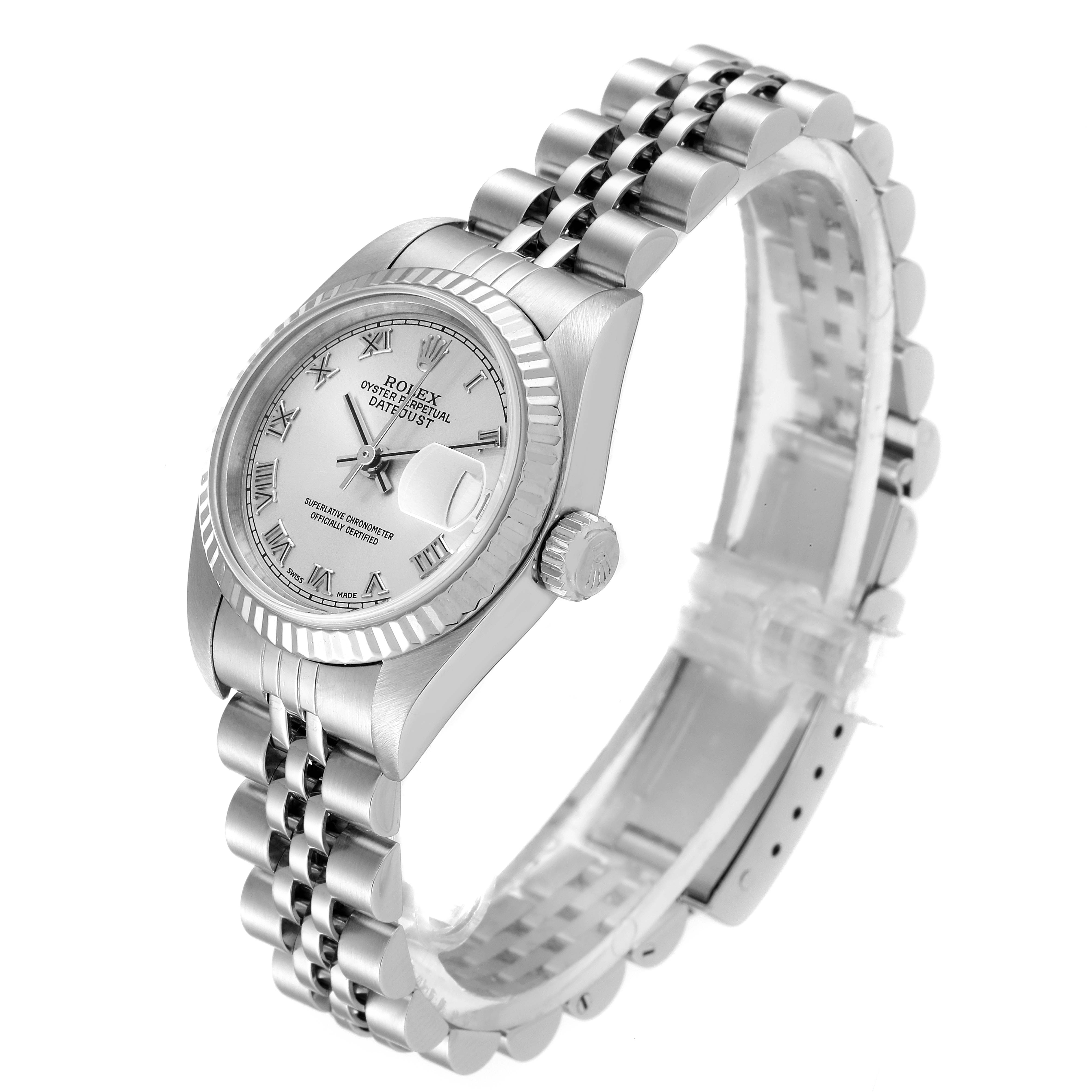 The Rolex Datejust 79174 Women
s Stainless Steel Silver Dial 79174 Women
s Stainless Steel Silver Dial watch shown is angled left with a clear view of the face, bezel, and part of the Jubilee bracelet.