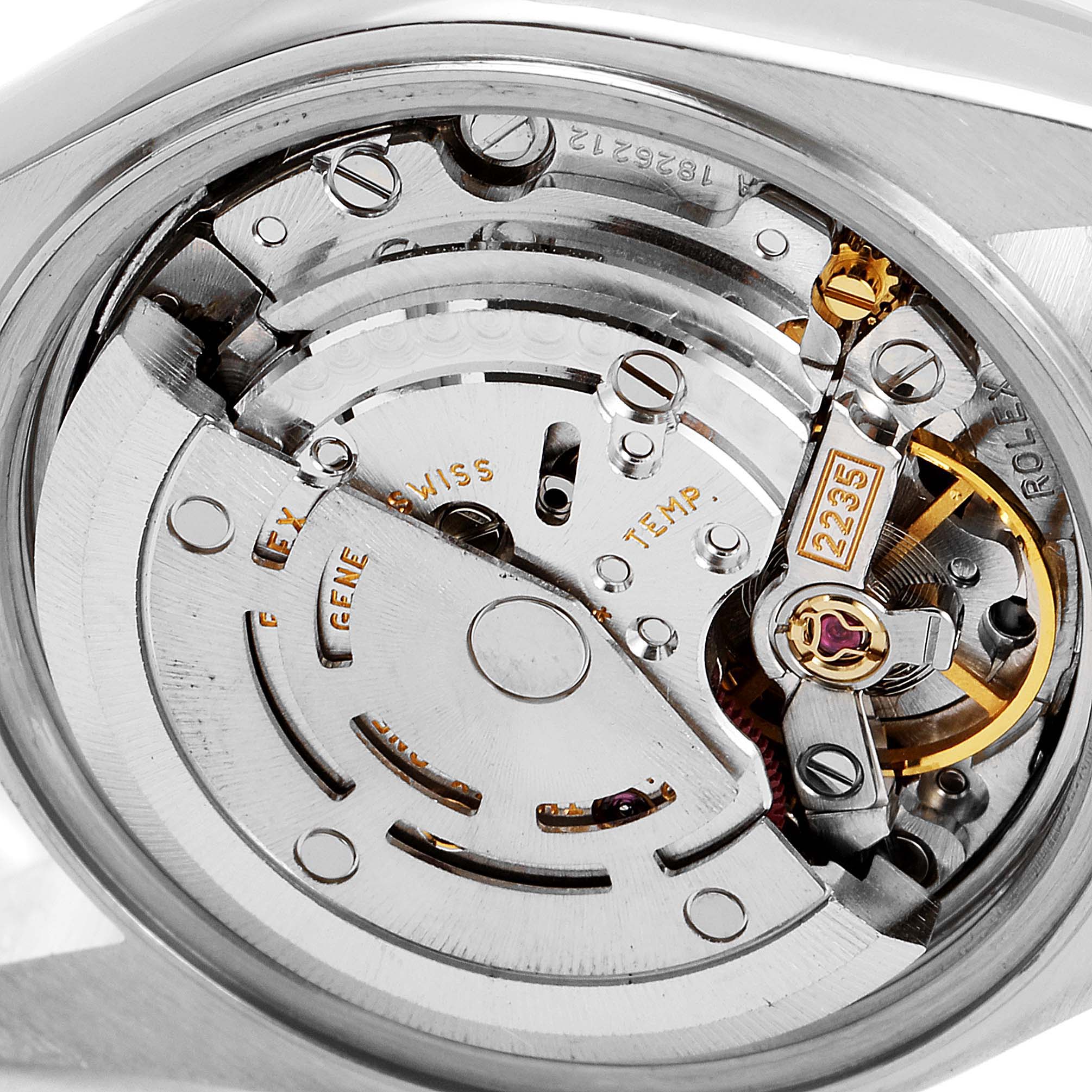 This image shows the internal mechanism of a Rolex Datejust 79174 Women
s Stainless Steel Silver Dial 79174 Women
s Stainless Steel Silver Dial watch, highlighting its intricate movement parts.