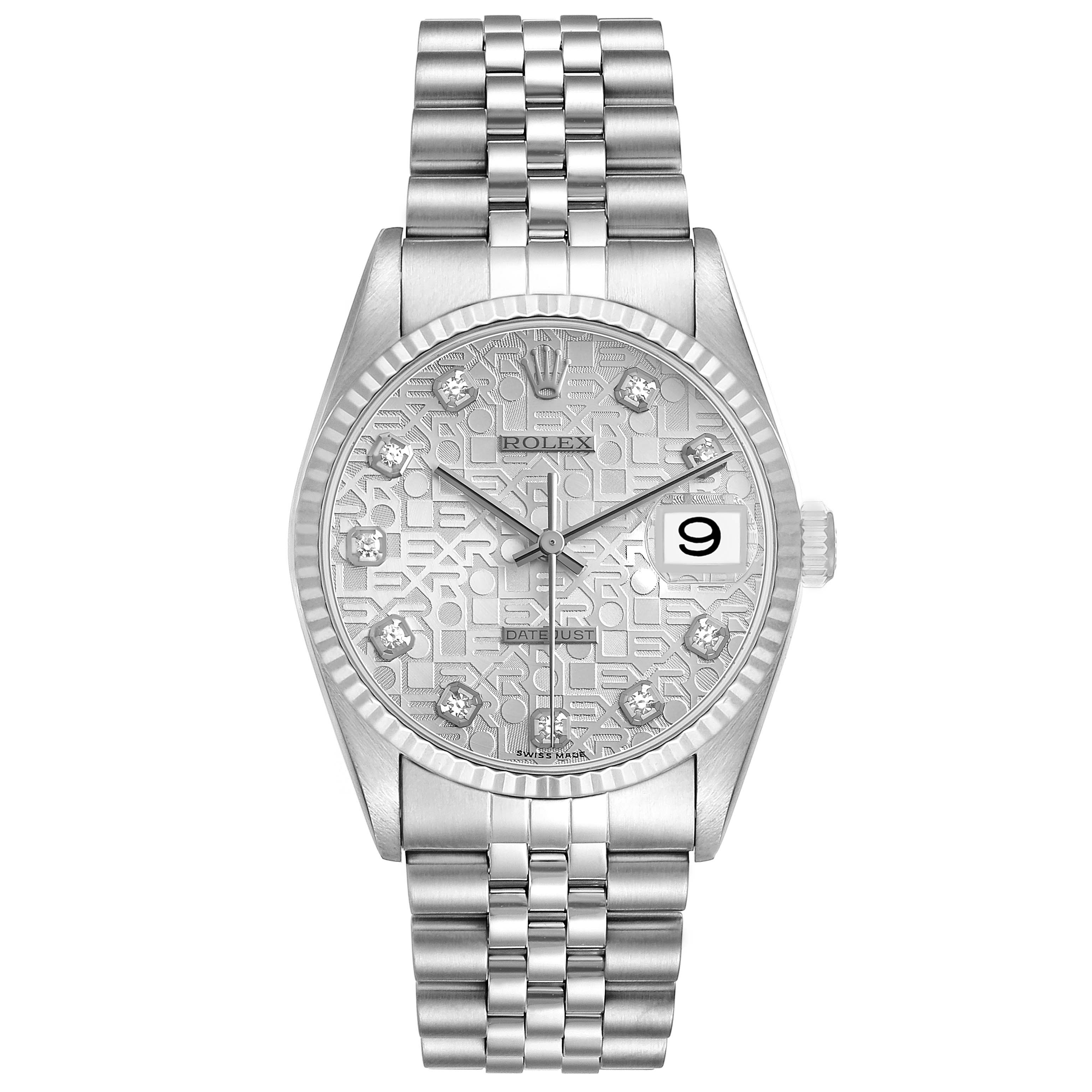 The image shows a Rolex Datejust 16234 Men's Stainless Steel Silver Dial watch from a straight-on angle, highlighting its dial, bracelet, and fluted bezel.