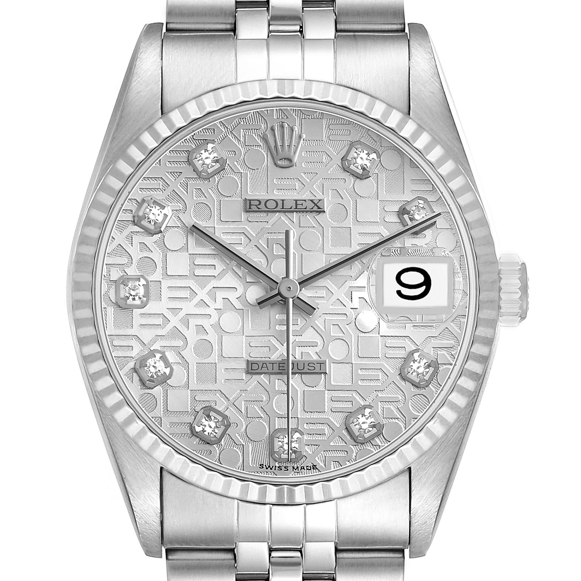 The Rolex Datejust 16234 Men's Stainless Steel Silver Dial watch is shown from a front view, highlighting the textured dial, date window, and bracelet.
