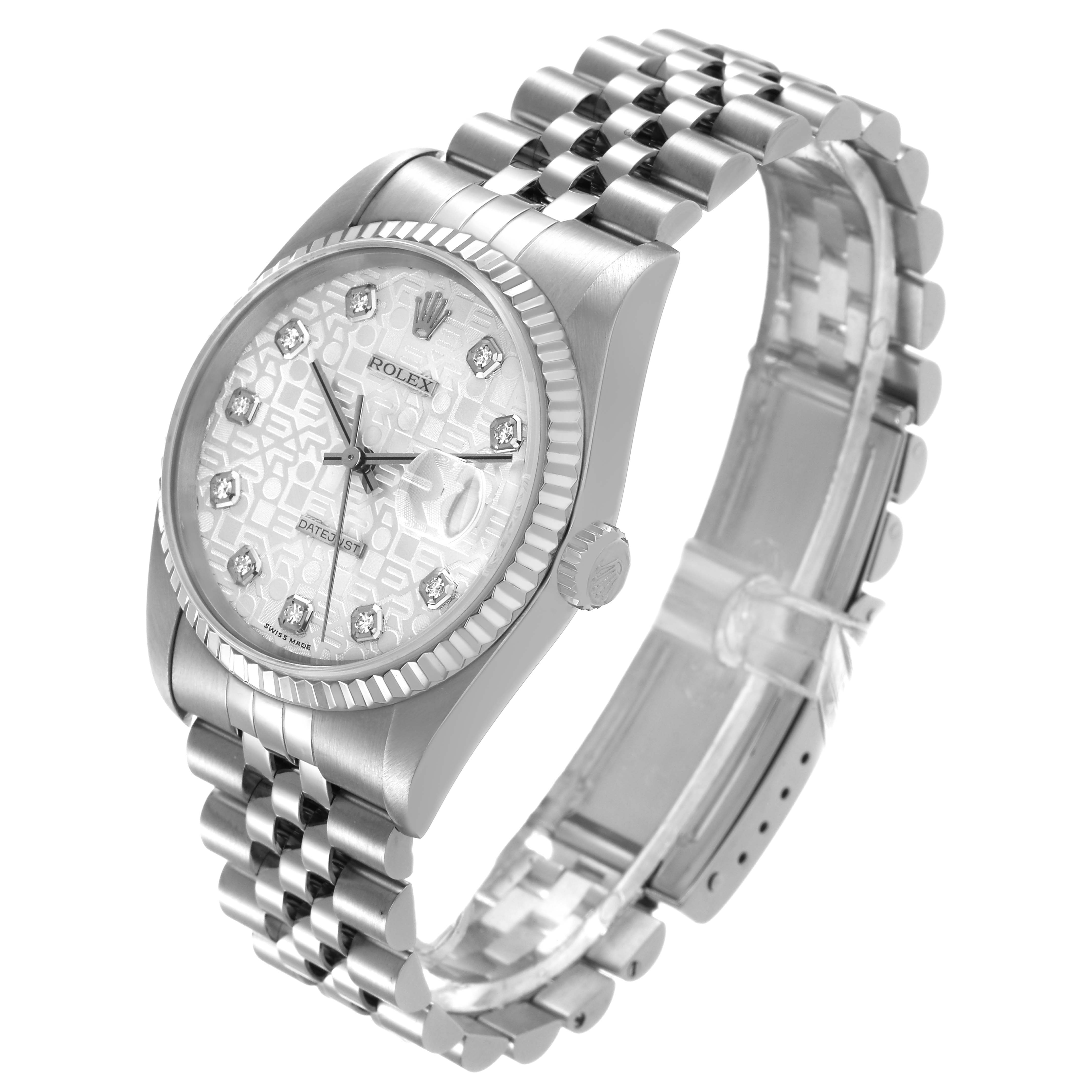 The Rolex Datejust 16234 Men's Stainless Steel Silver Dial watch is shown at a slight angle, displaying the face, bezel, crown, and part of the bracelet.