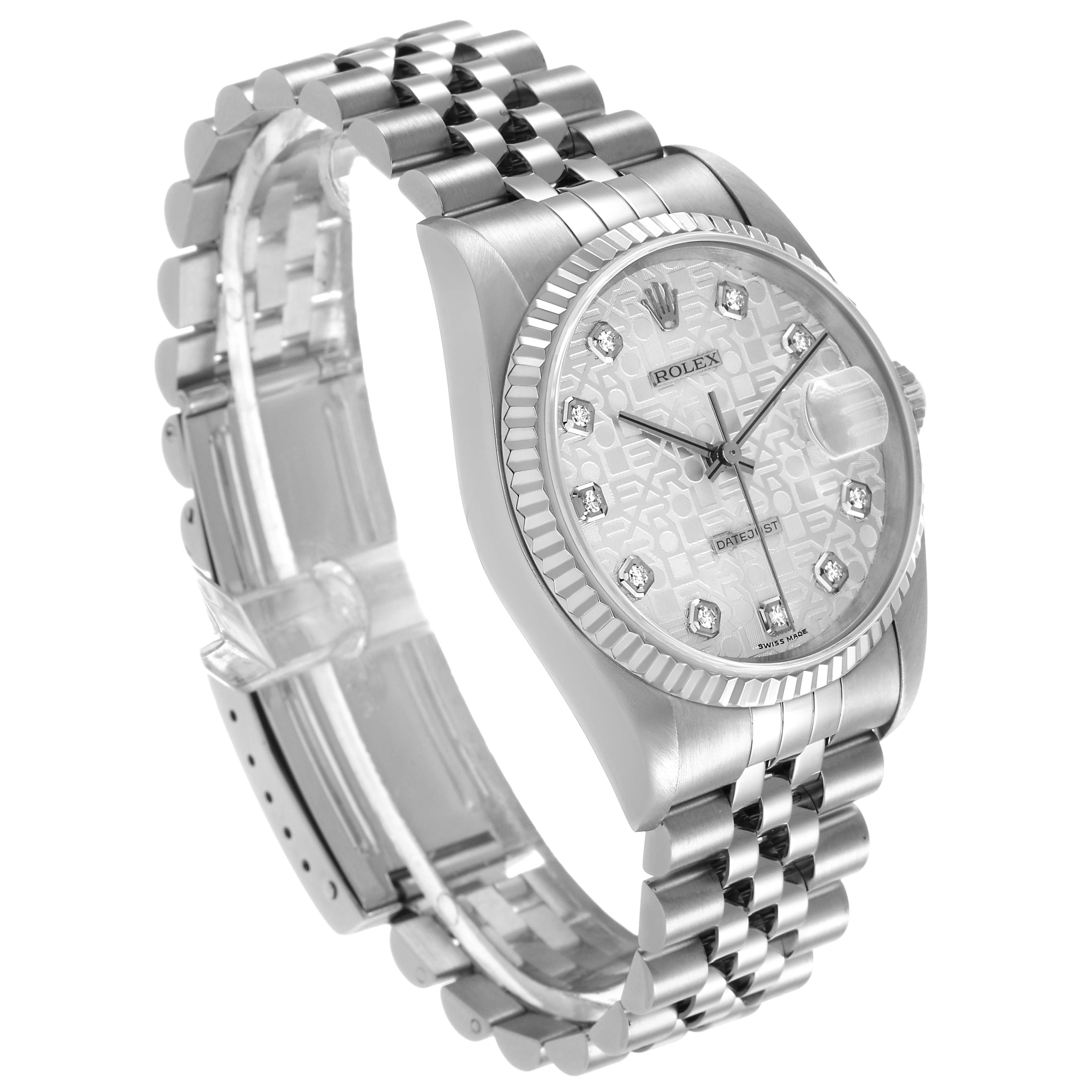 The Rolex Datejust 16234 Men's Stainless Steel Silver Dial watch is shown at an angle highlighting the case, dial, bezel, and bracelet.