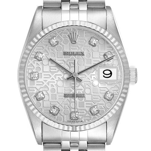 The image shows a Rolex Datejust 16234 Men's Stainless Steel Silver Dial watch from a top-down angle, highlighting the face, bezel, hands, and bracelet.