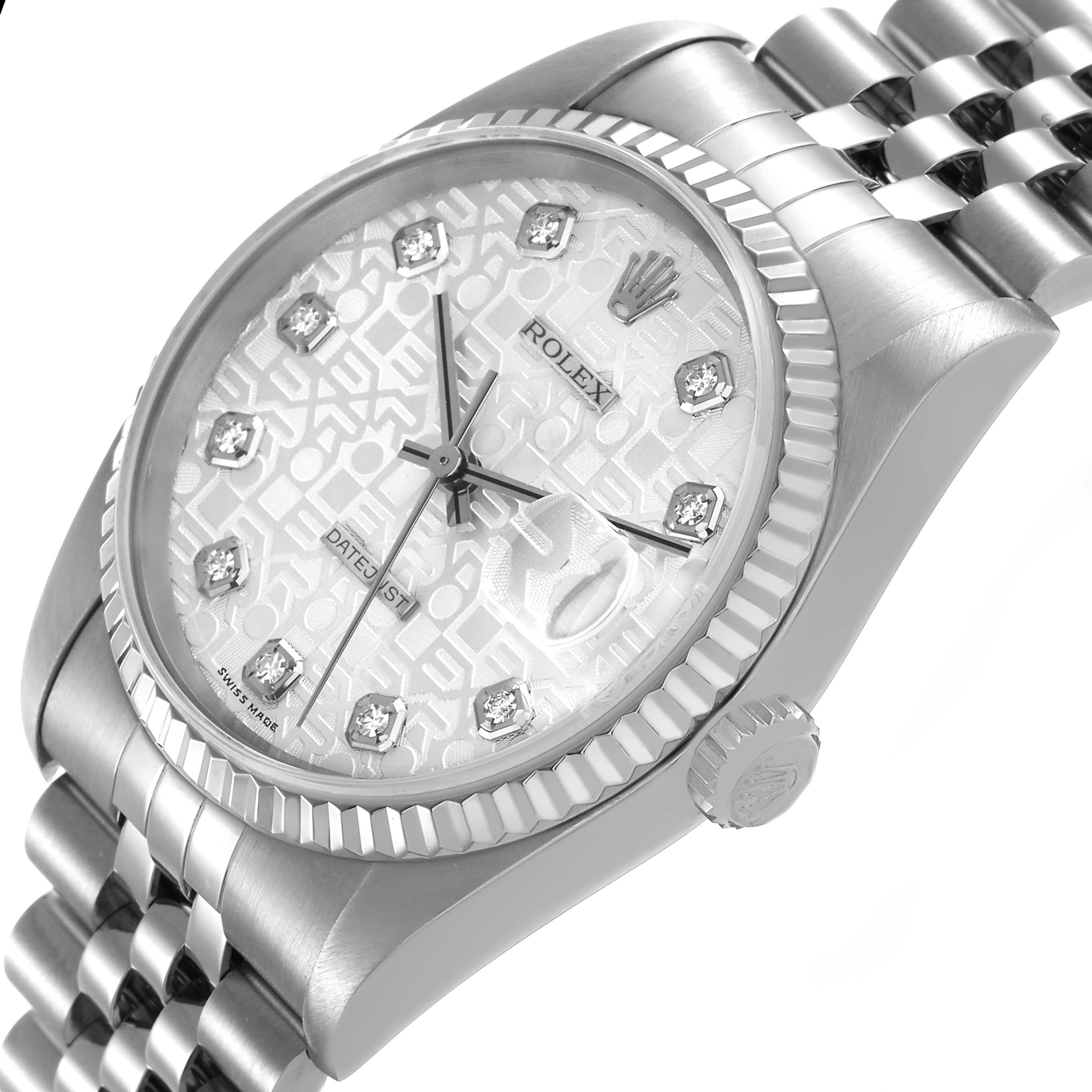 The Rolex Datejust 16234 Men's Stainless Steel Silver Dial watch is shown at a slight angle, highlighting its bezel, dial, diamond markers, and Jubilee bracelet.