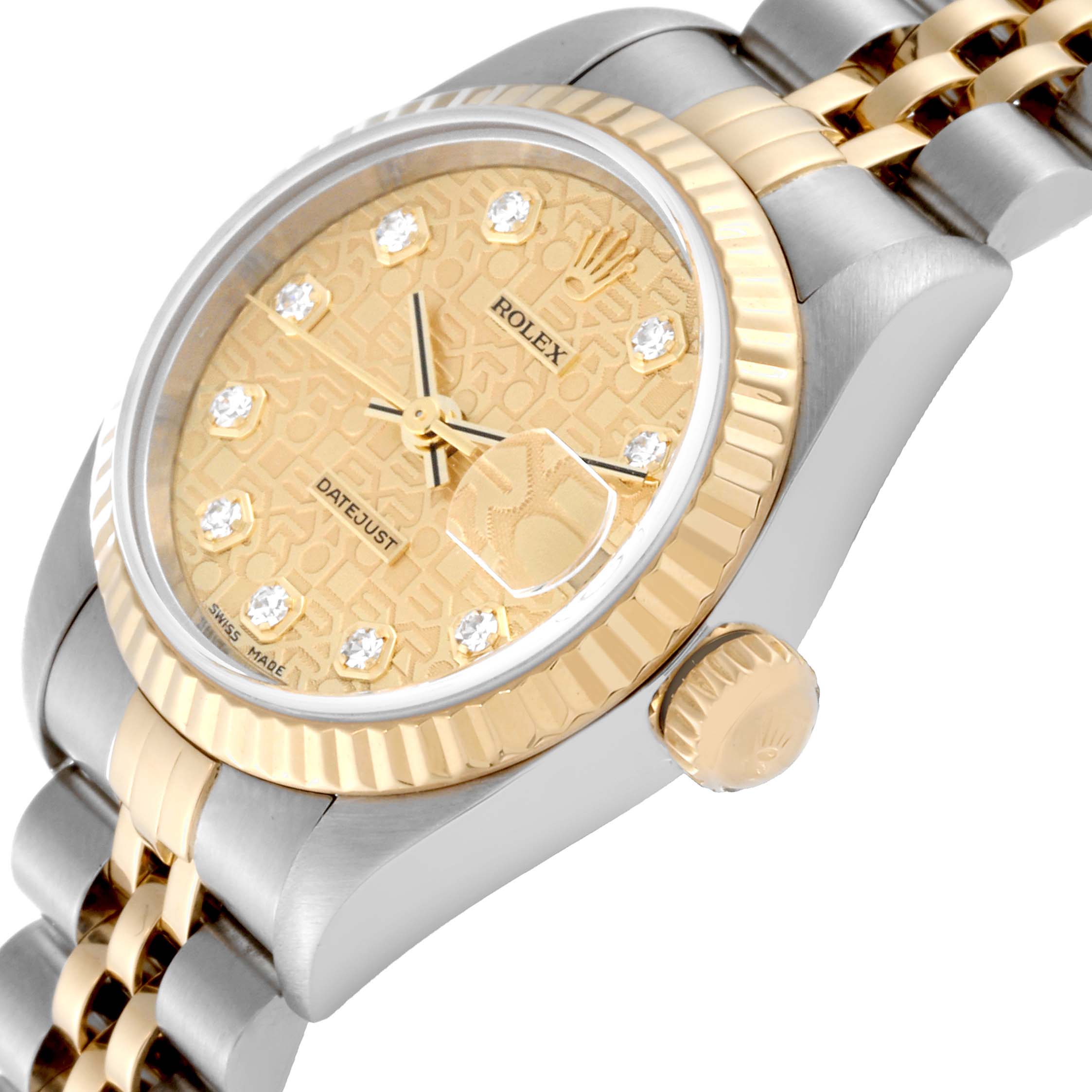 The image shows a close-up angle of a Rolex Datejust 79173 Women's Steel and Gold (two tone) Champagne Dial 79173 Women's Steel and Gold (two tone) Champagne Dial watch, highlighting its bezel, dial, crown, and bracelet.