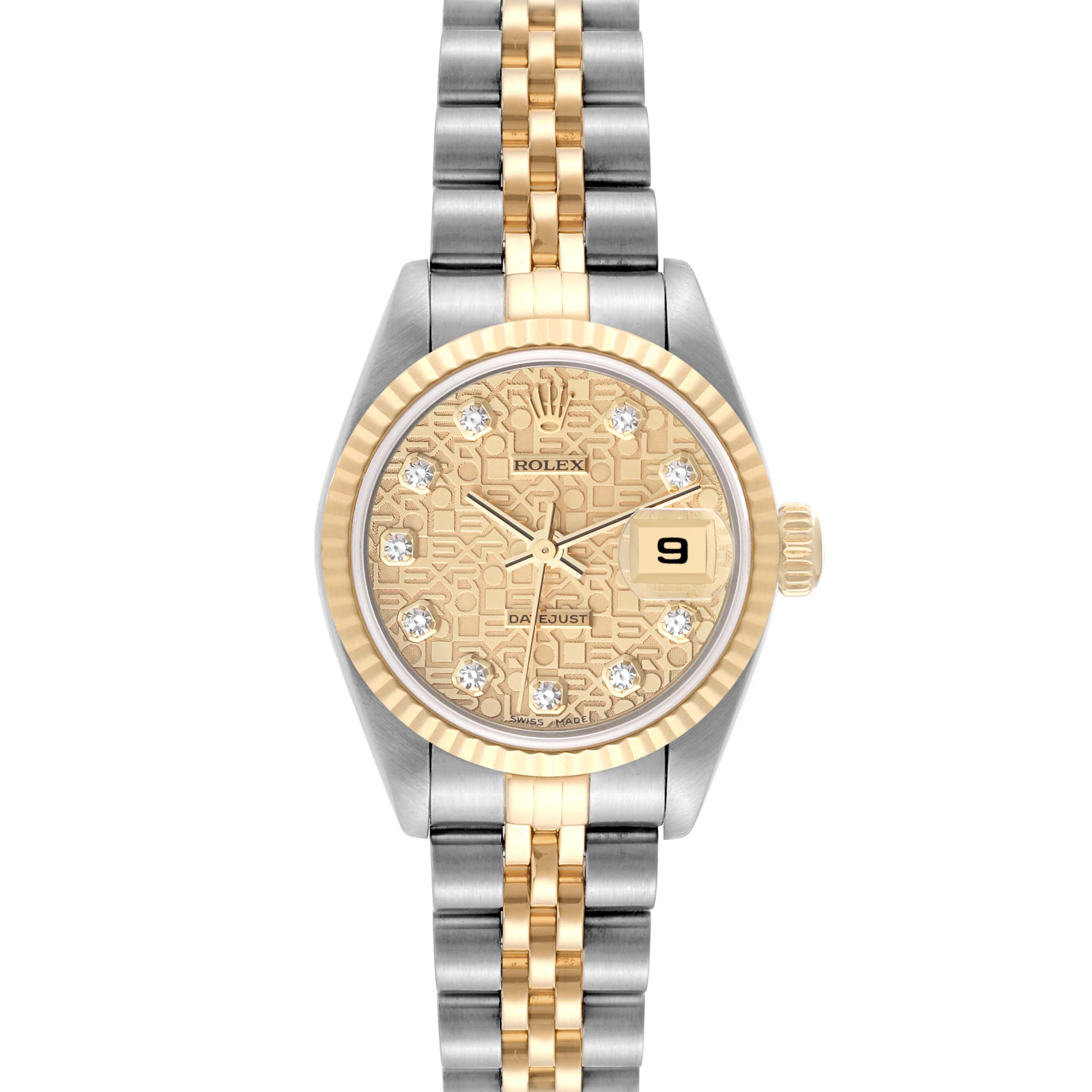 This Rolex Datejust 79173 Women's Steel and Gold (two tone) Champagne Dial 79173 Women's Steel and Gold (two tone) Champagne Dial watch is shown from a straight-on angle, displaying the face, bezel, and bracelet.