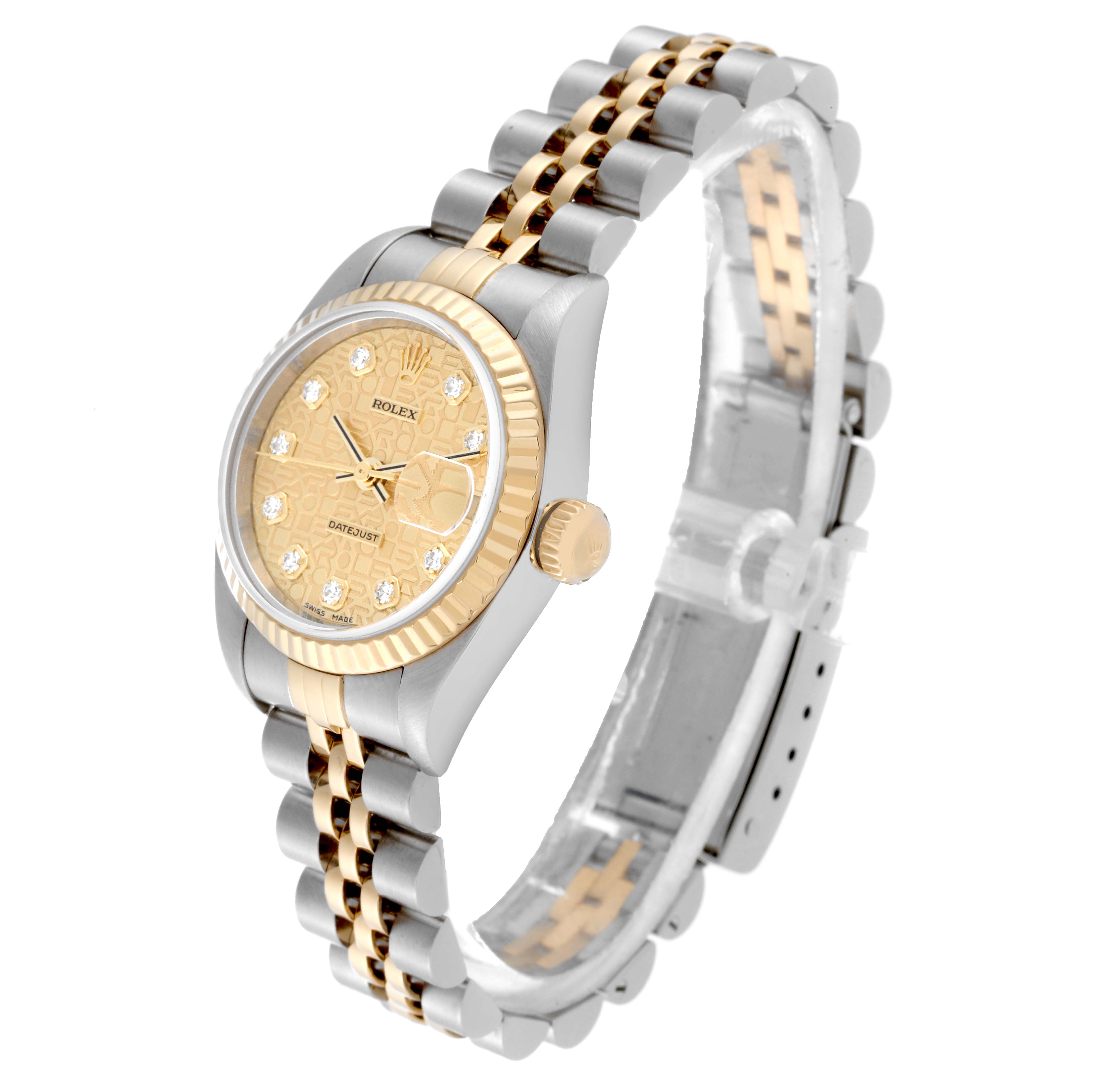 The image shows a Rolex Datejust 79173 Women's Steel and Gold (two tone) Champagne Dial 79173 Women's Steel and Gold (two tone) Champagne Dial watch from a side angle, highlighting its two-tone bracelet and fluted bezel.