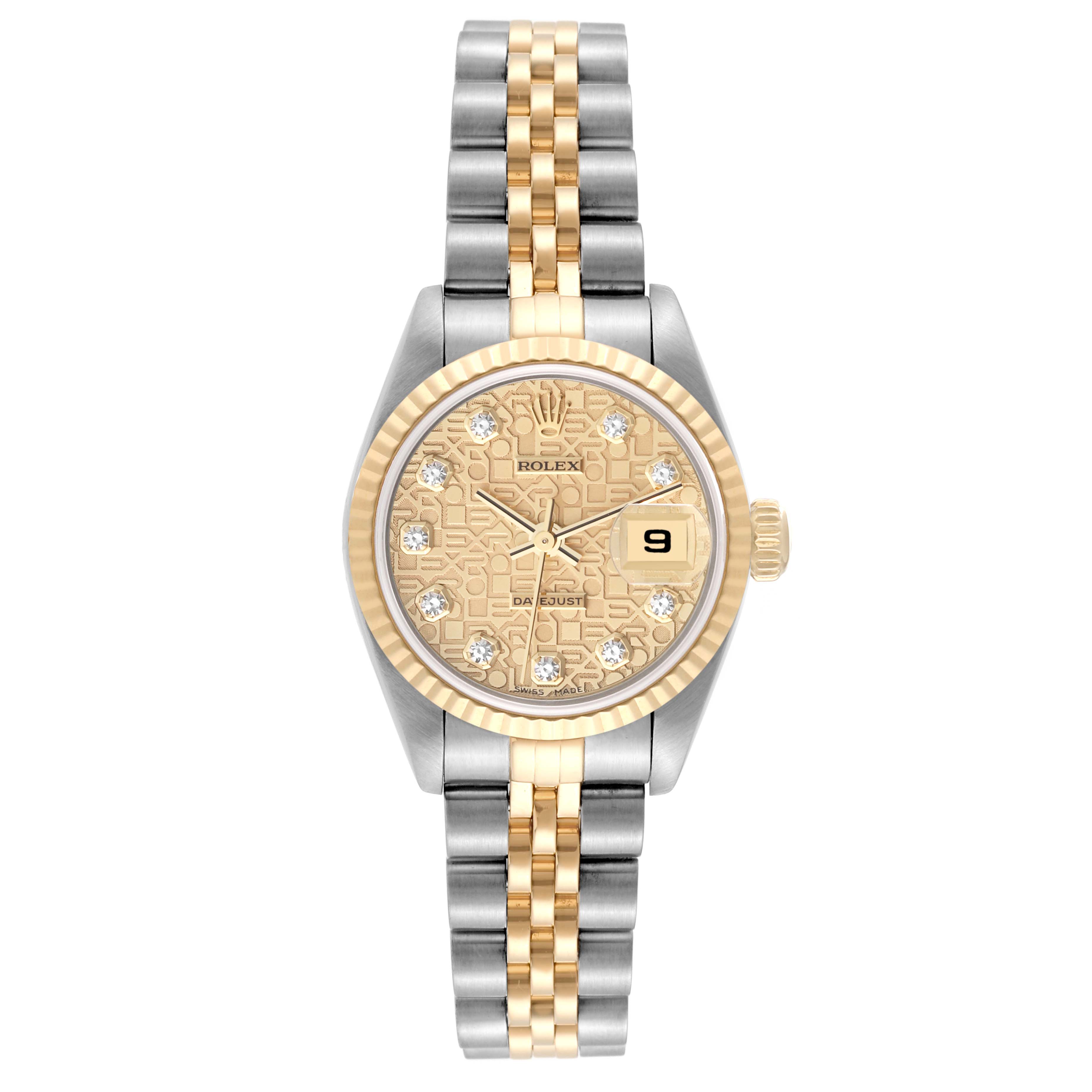 This image shows a Rolex Datejust 79173 Women's Steel and Gold (two tone) Champagne Dial 79173 Women's Steel and Gold (two tone) Champagne Dial watch from a front view, highlighting its gold and silver jubilee bracelet, diamond markers, and date display.