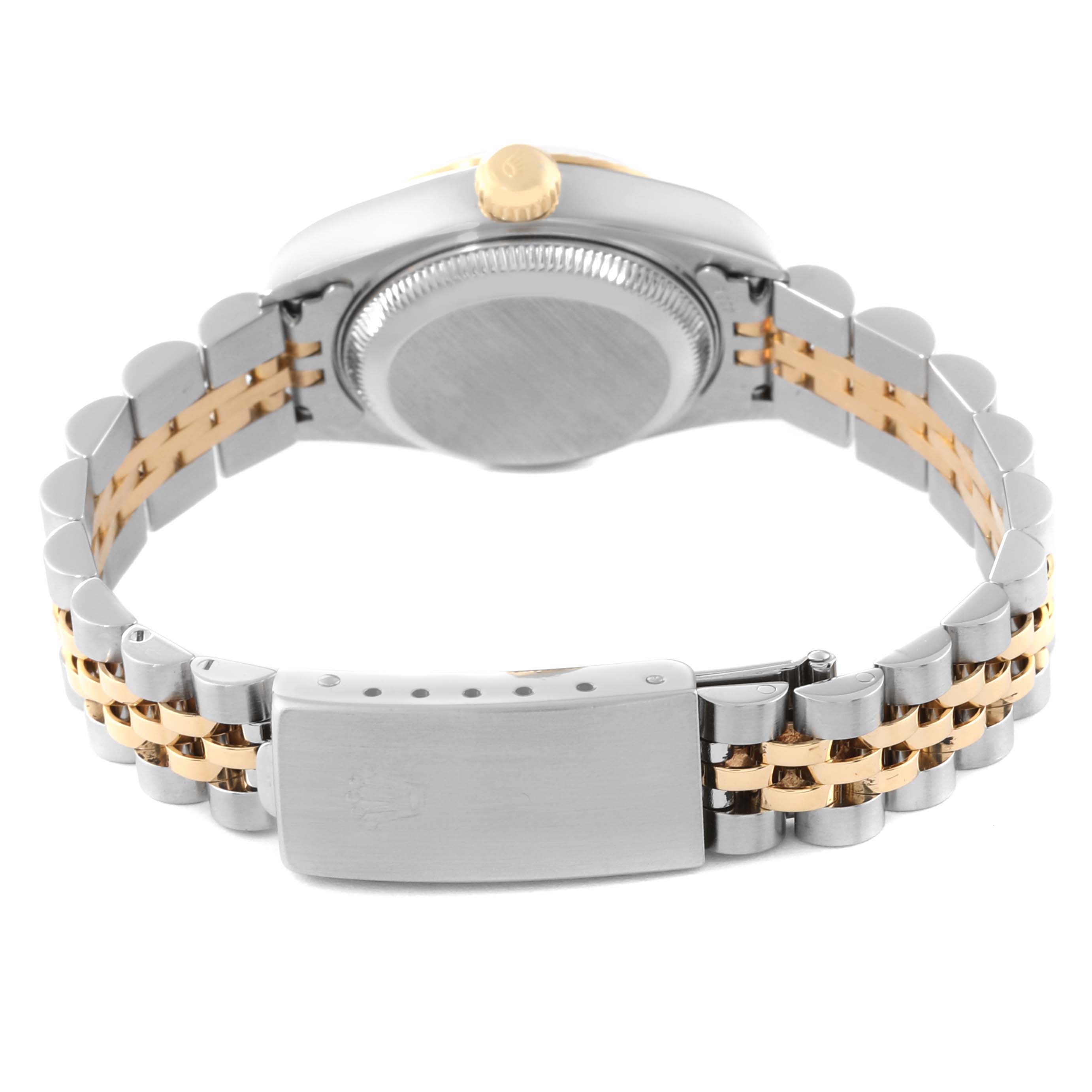 This image shows the back view of a Rolex Datejust 79173 Women's Steel and Gold (two tone) Champagne Dial 79173 Women's Steel and Gold (two tone) Champagne Dial watch, highlighting the case back, crown, and two-tone bracelet with clasp.