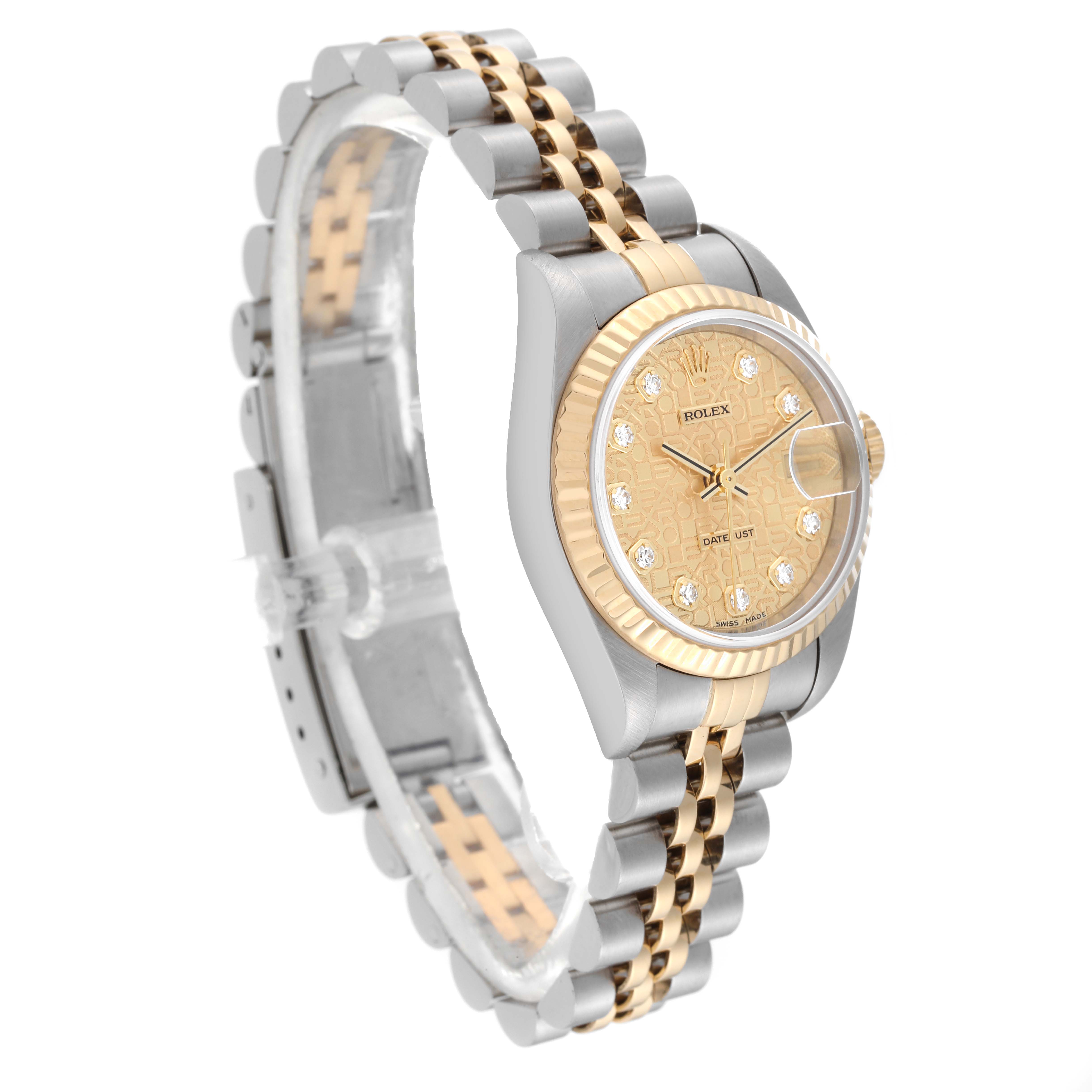 This image shows a side-angle view of a Rolex Datejust 79173 Women's Steel and Gold (two tone) Champagne Dial 79173 Women's Steel and Gold (two tone) Champagne Dial watch, highlighting its two-tone jubilee bracelet and gold dial with diamond hour markers.