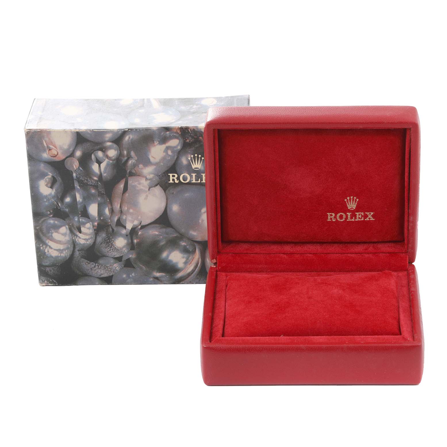 This image shows a red Rolex Datejust 79173 Women's Steel and Gold (two tone) Champagne Dial 79173 Women's Steel and Gold (two tone) Champagne Dial watch box with a decorative outer box.