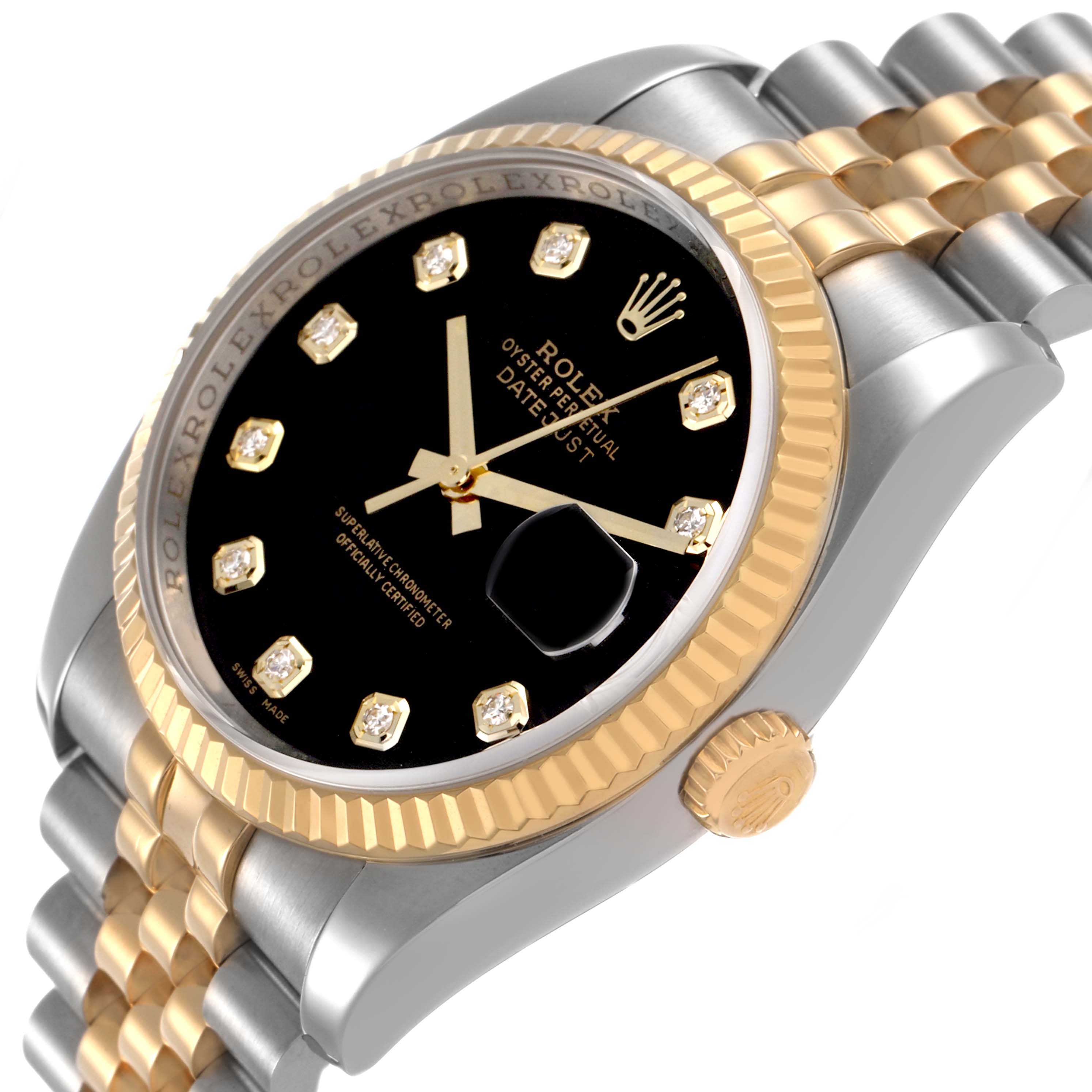 The Rolex Datejust 116233 Men's Stainless Steel Black Dial watch is shown at an angle displaying the face, bezel, crown, and partially the bracelet.