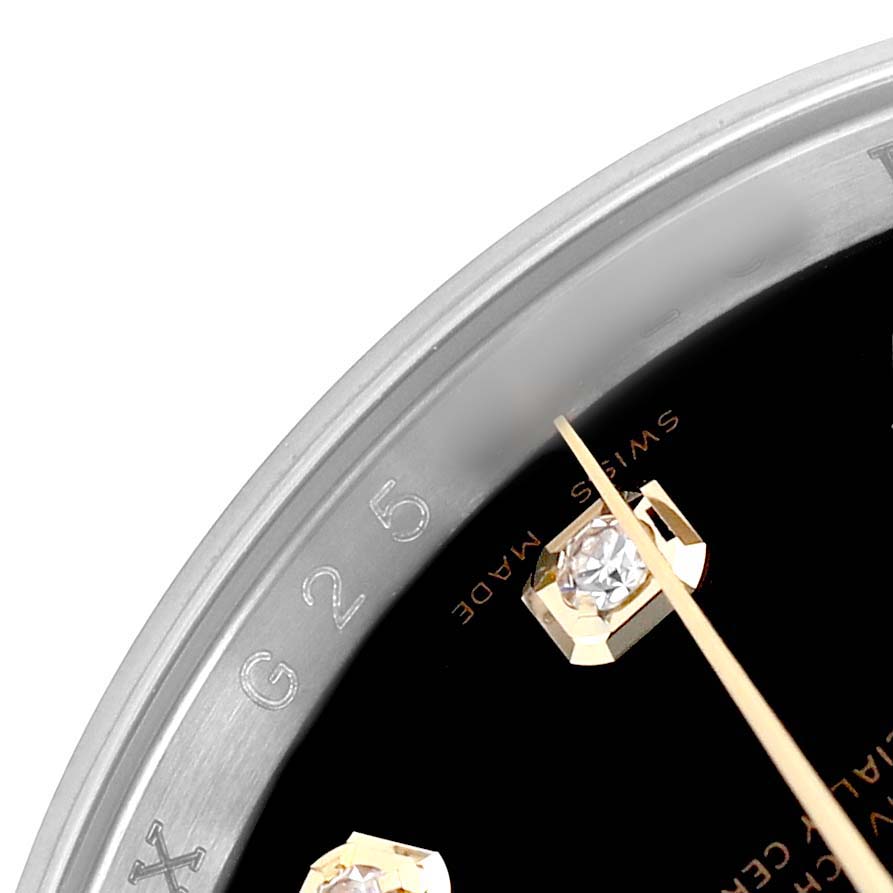 The image shows a partial close-up of the Rolex Datejust 116233 Men's Stainless Steel Black Dial dial, highlighting diamond hour markers and a gold hand.