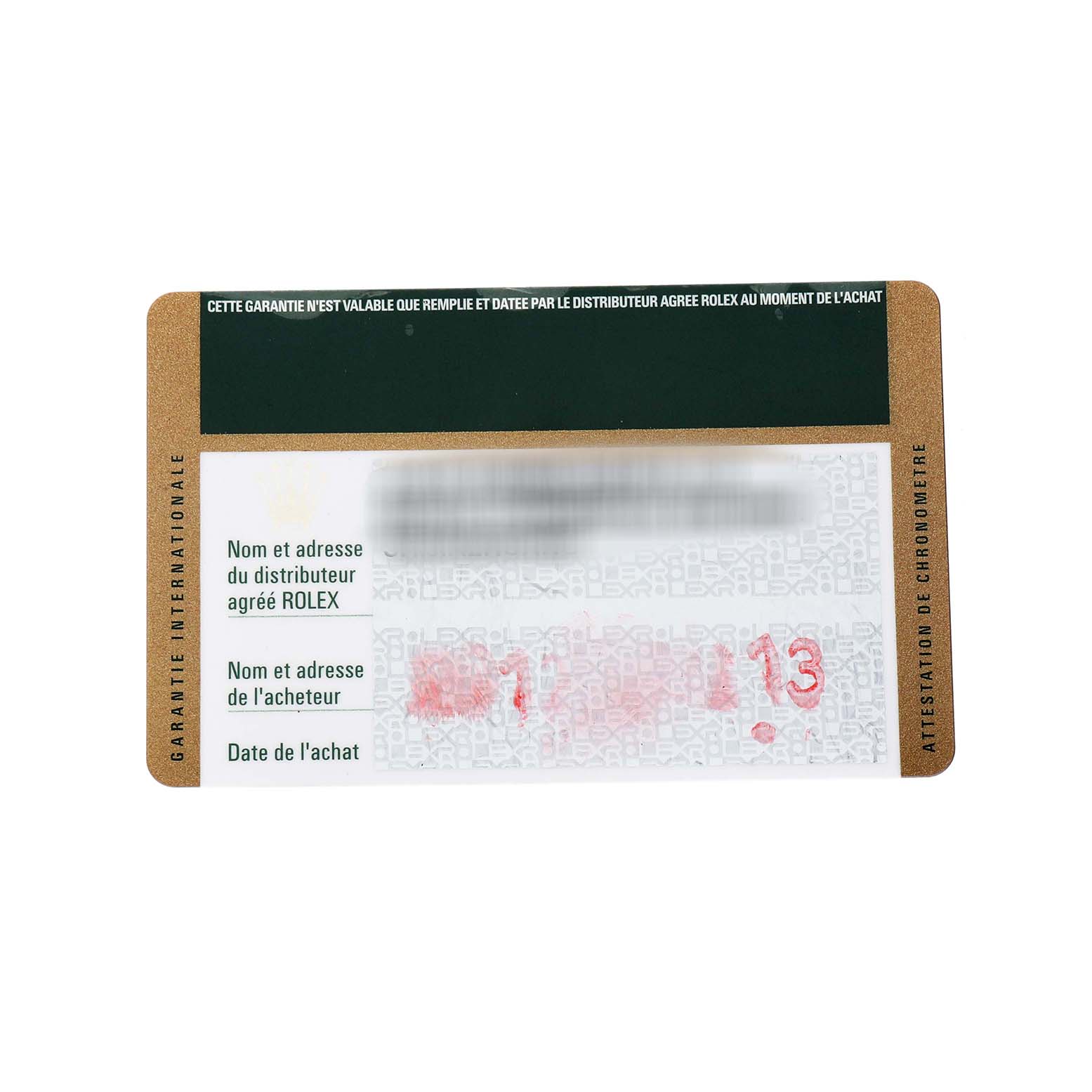 The image shows a Garantie Internationale card for a Rolex Datejust 116233 Men's Stainless Steel Black Dial, featuring purchase and distributor information fields.