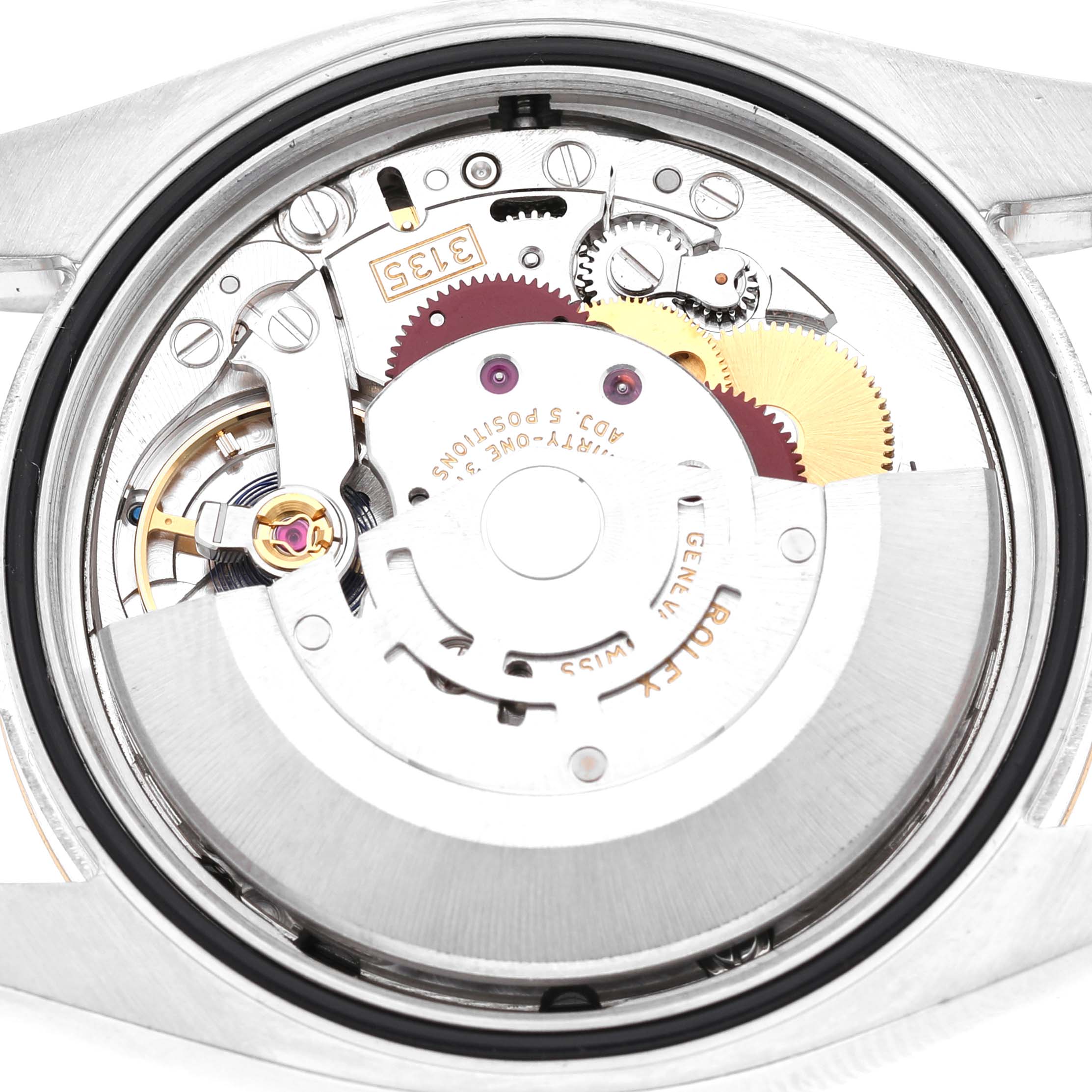 The image shows the intricate movement of a Rolex Datejust 116233 Men's Stainless Steel Black Dial watch from a top-down angle.