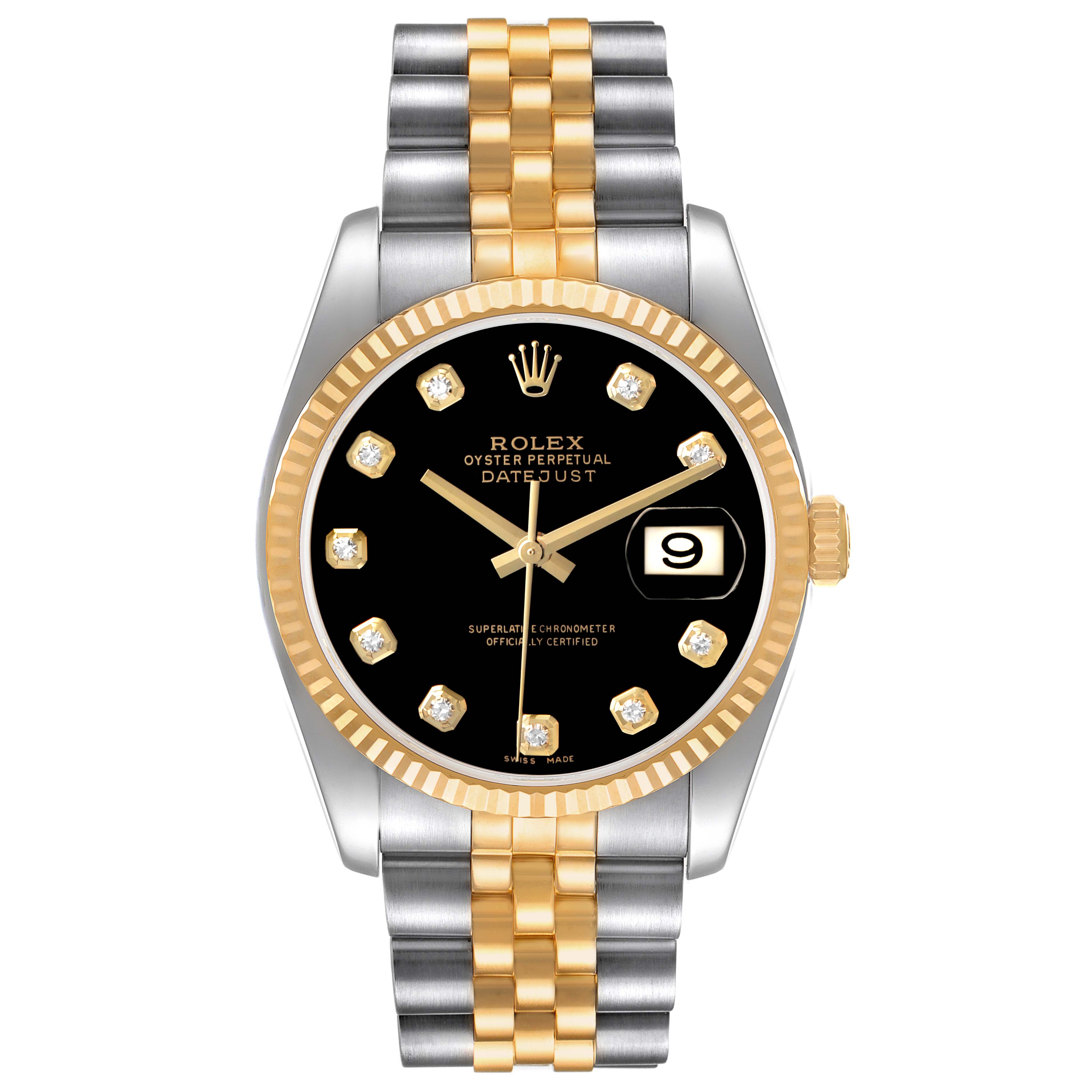 The Rolex Datejust 116233 Men's Stainless Steel Black Dial is shown from the front, displaying its dial, fluted bezel, bracelet, and date window.