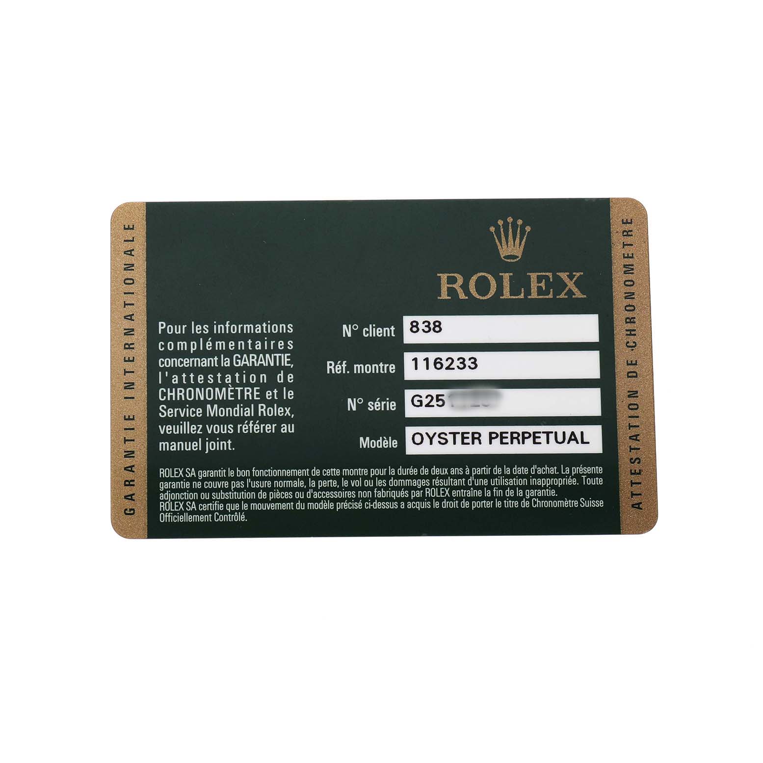 The image shows a Rolex Datejust 116233 Men's Stainless Steel Black Dial warranty card with details including model and serial numbers.