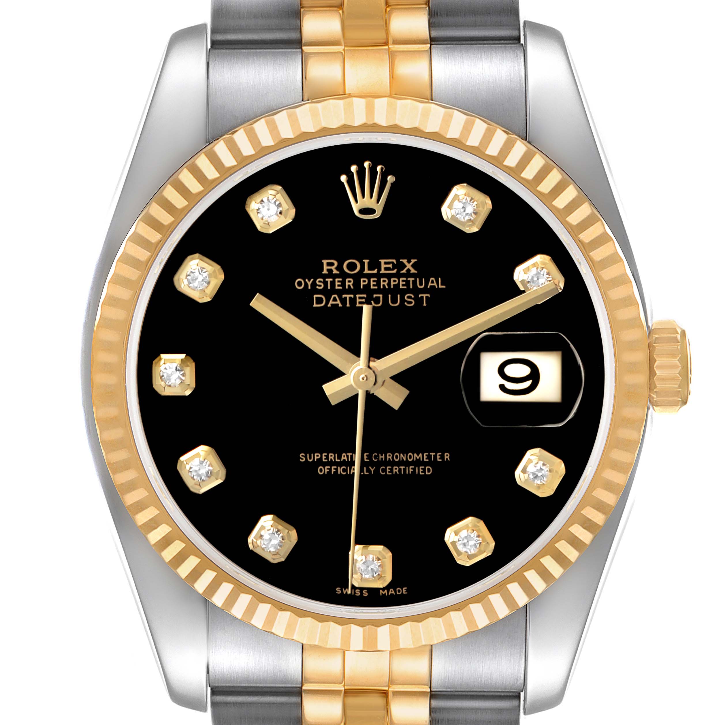 The Rolex Datejust 116233 Men's Stainless Steel Black Dial watch is shown from the front, highlighting the black dial, gold fluted bezel, and jubilee bracelet.