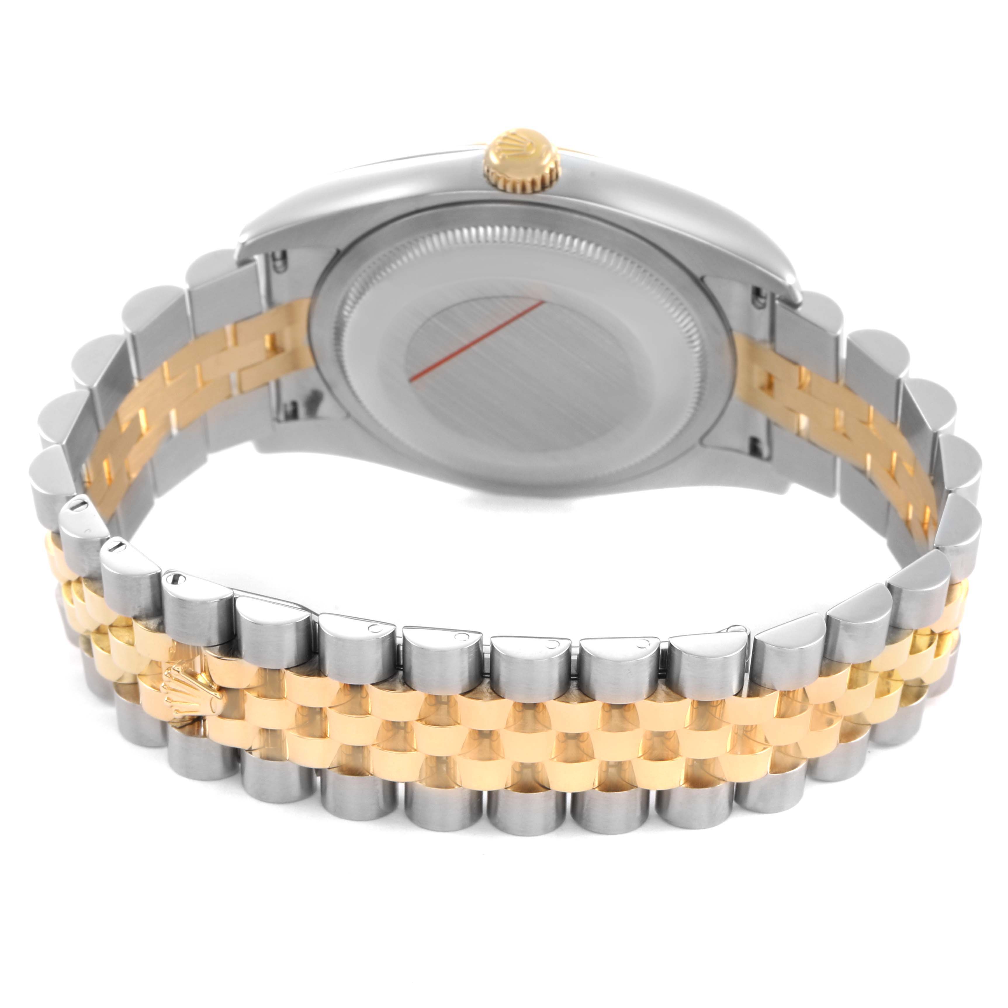The image shows the back of a Rolex Datejust 116233 Men's Stainless Steel Black Dial watch, highlighting its Jubilee bracelet and case back.