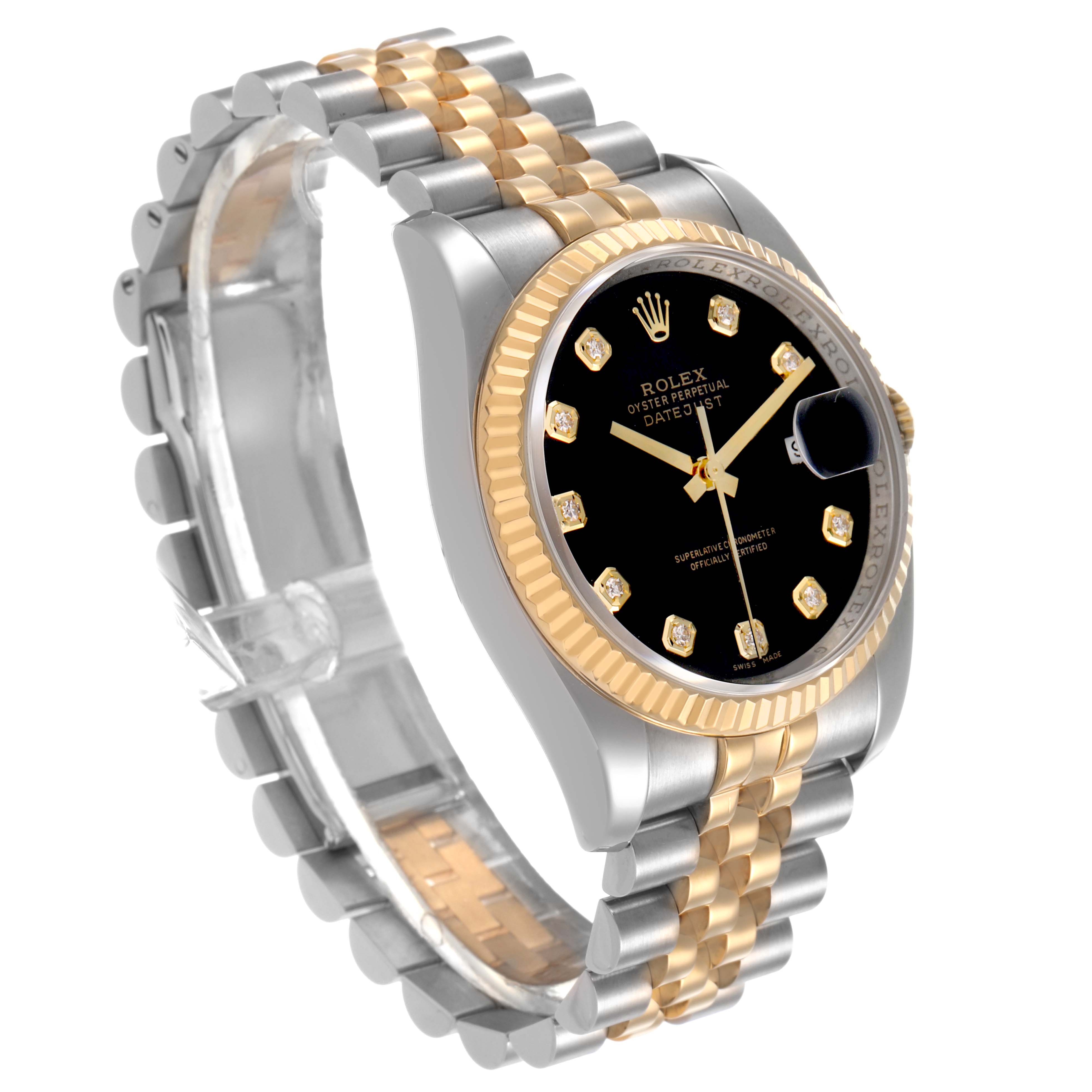 The Rolex Datejust 116233 Men's Stainless Steel Black Dial watch is shown at an angle highlighting the face, bezel, and two-tone bracelet.