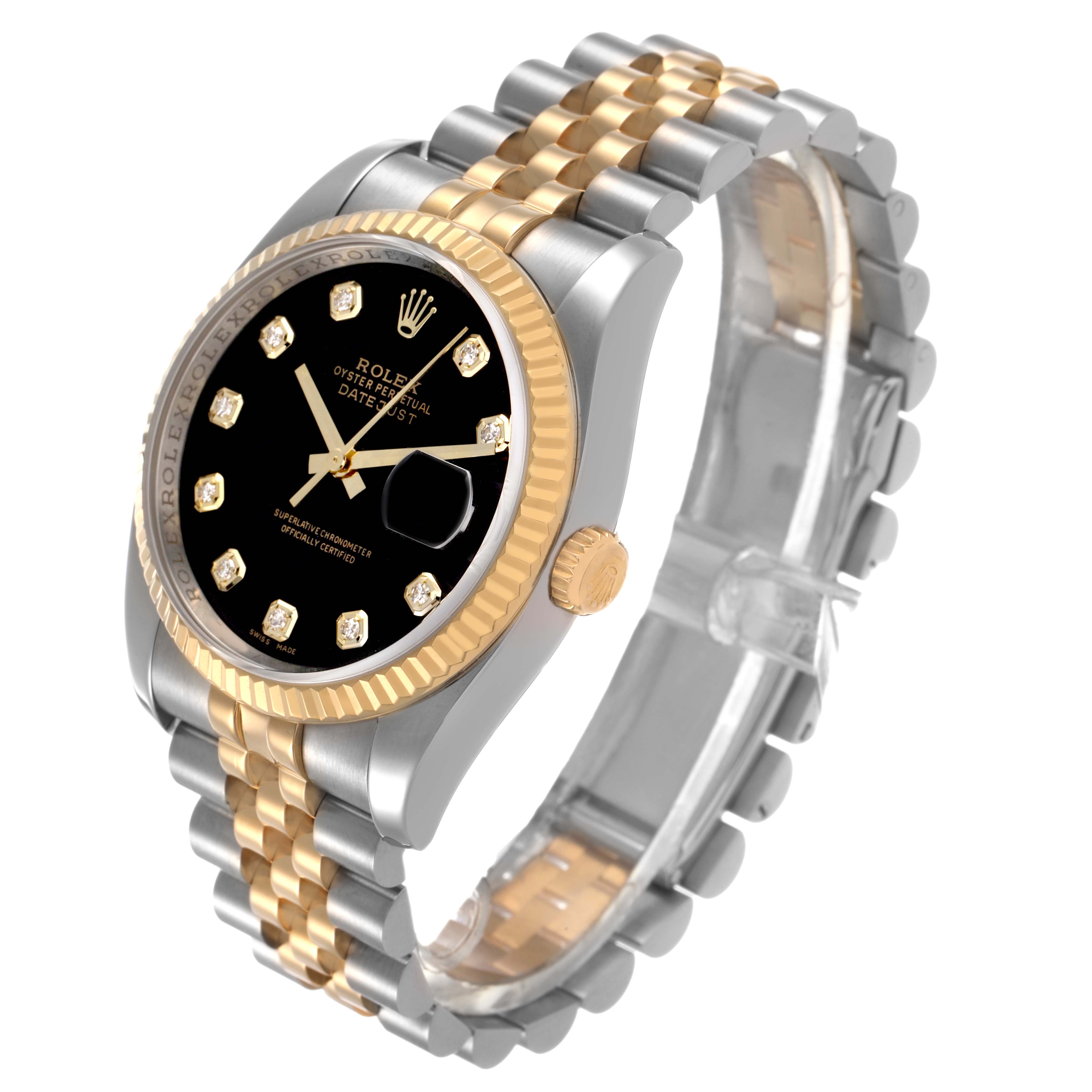 The Rolex Datejust 116233 Men's Stainless Steel Black Dial watch is shown at a three-quarter angle, displaying the dial, fluted bezel, crown, and two-tone bracelet.
