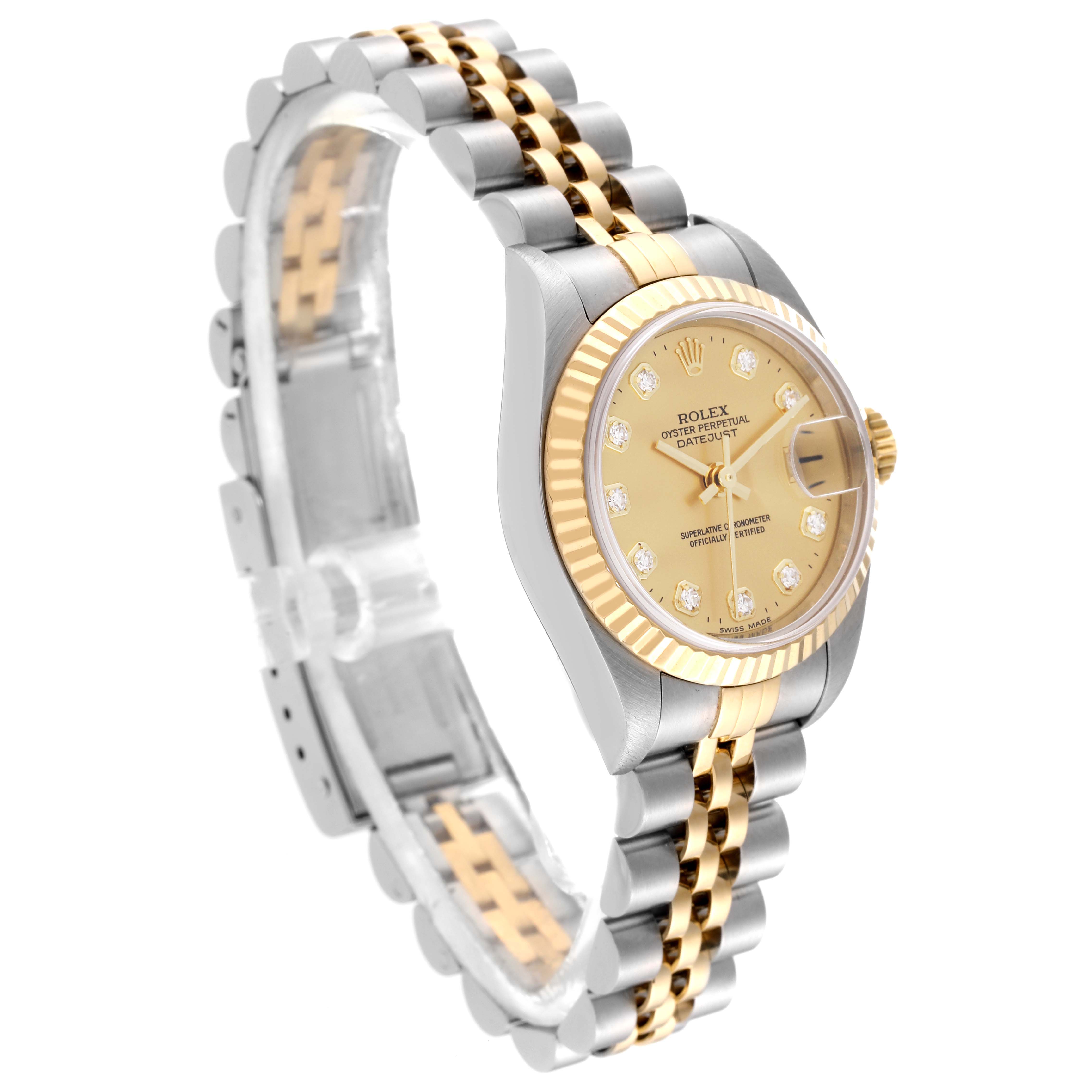 Side angle view of a Rolex Datejust 79173 Women's Steel and Gold (two tone) Champagne Dial 79173 Women's Steel and Gold (two tone) Champagne Dial watch showing the face, bezel, and two-tone bracelet.