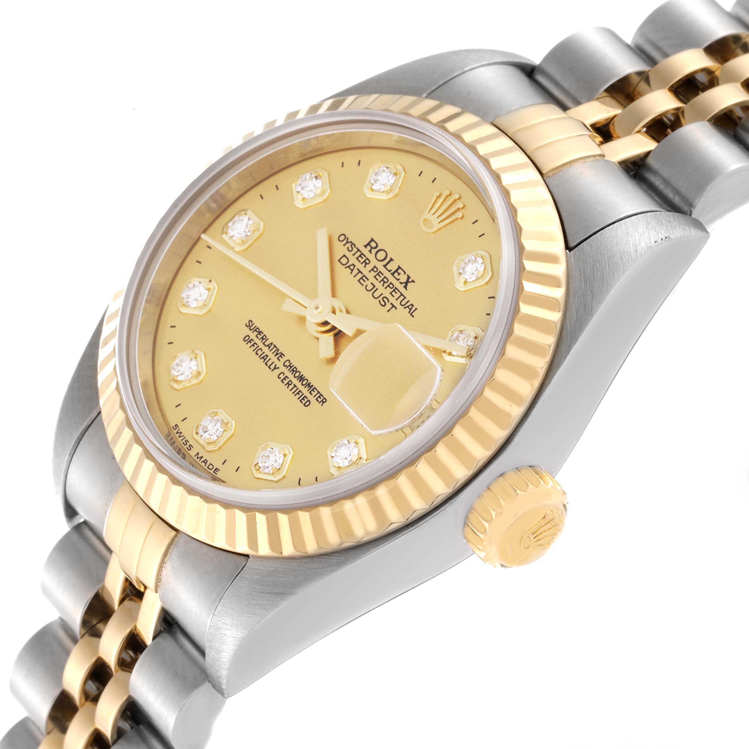 This image shows a close-up side angle of a Rolex Datejust 79173 Women's Steel and Gold (two tone) Champagne Dial 79173 Women's Steel and Gold (two tone) Champagne Dial watch highlighting its dial, crown, and two-tone bracelet.