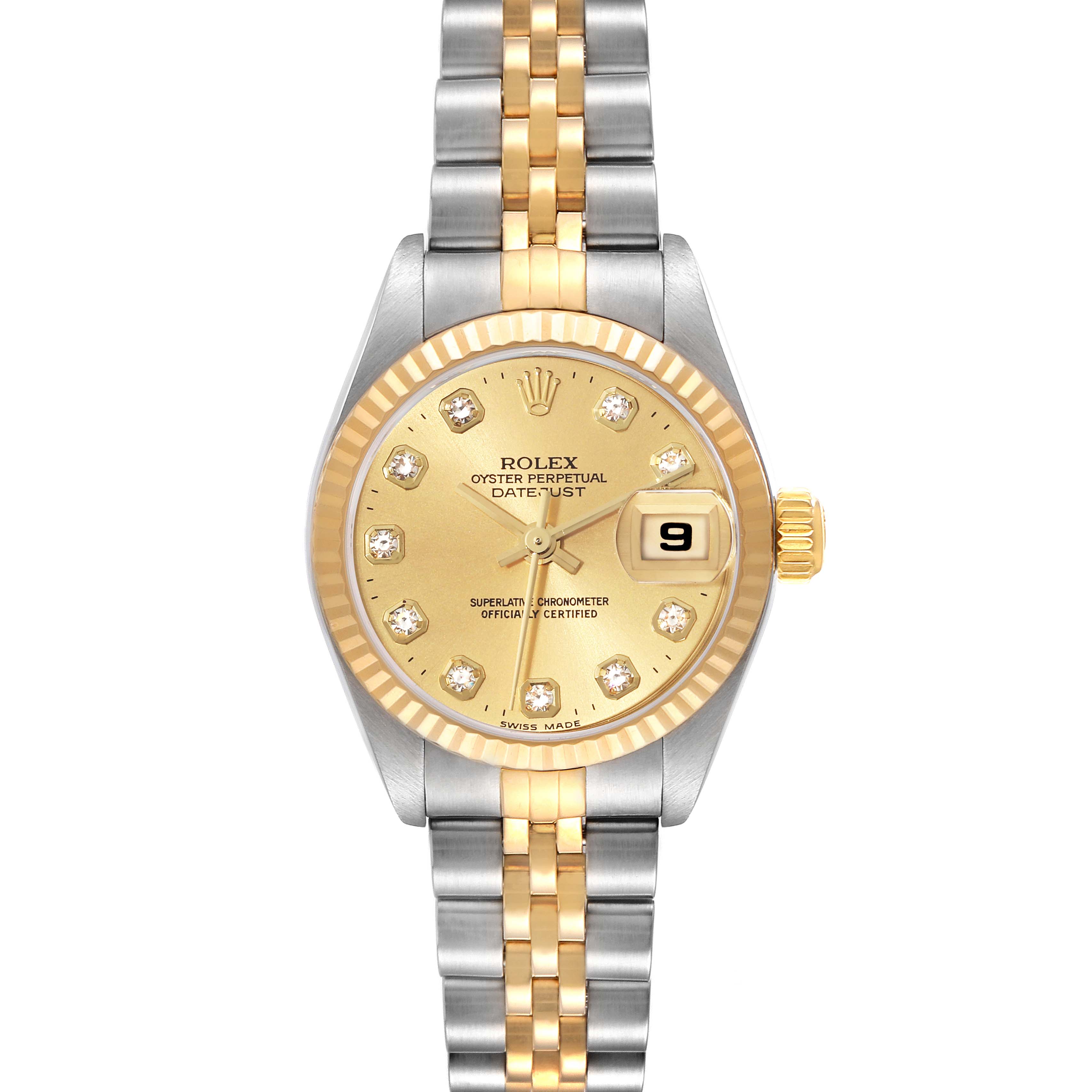 The image shows a front view of a Rolex Datejust 79173 Women's Steel and Gold (two tone) Champagne Dial 79173 Women's Steel and Gold (two tone) Champagne Dial watch, featuring a gold dial, diamond hour markers, and a two-tone bracelet.